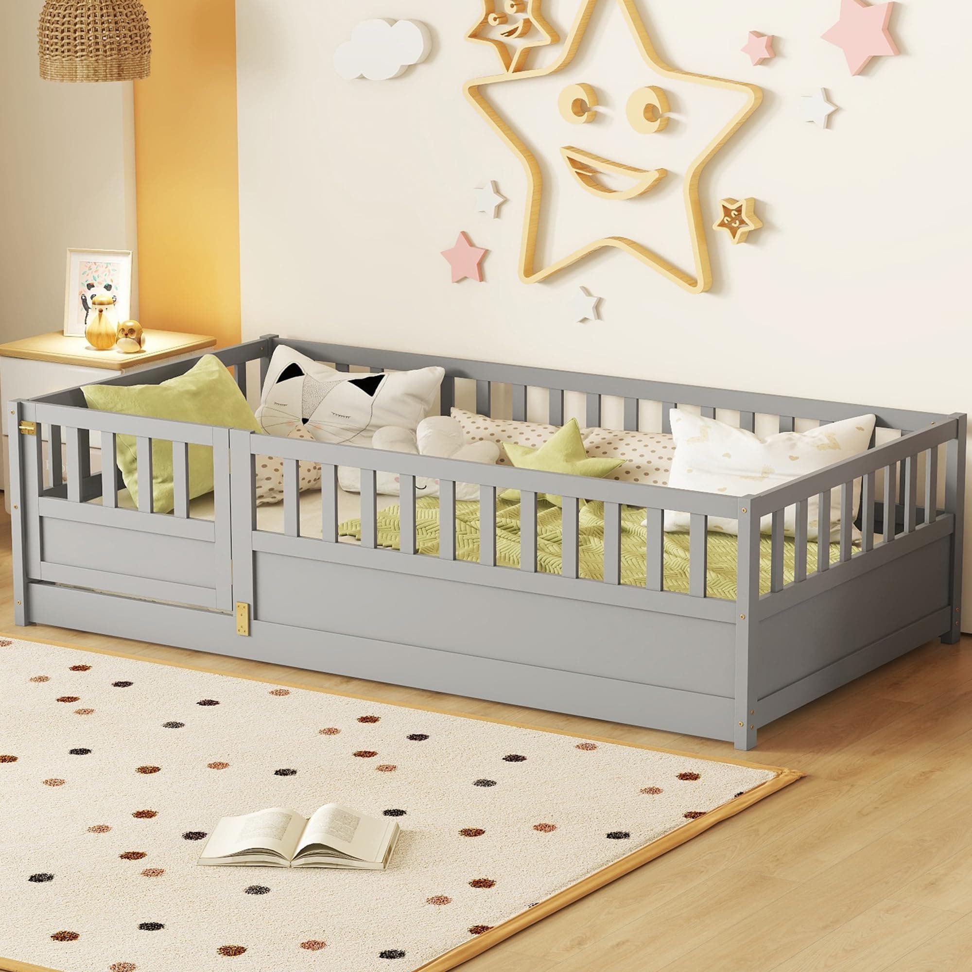 Gray Montessori Twin Size Floor Bed with High Fence, Door and Slats for Kids