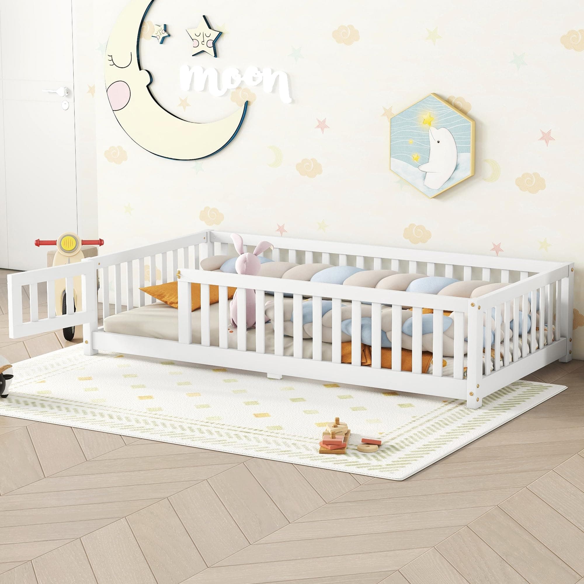 Montessori Twin Size Floor Bed with Door and Guardrail, White Wood Playhouse Bed
