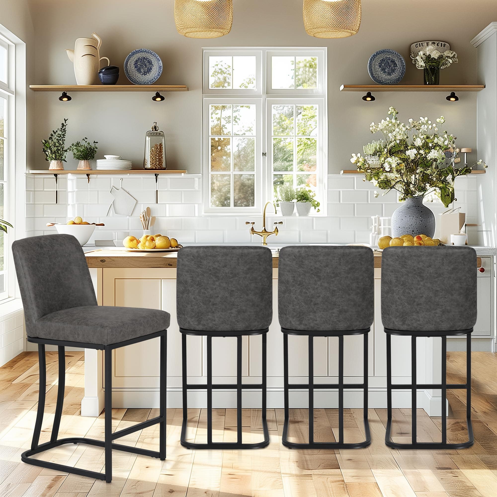 PHI VILLA Black Bar Stools Set of 4 for Kitchen Island