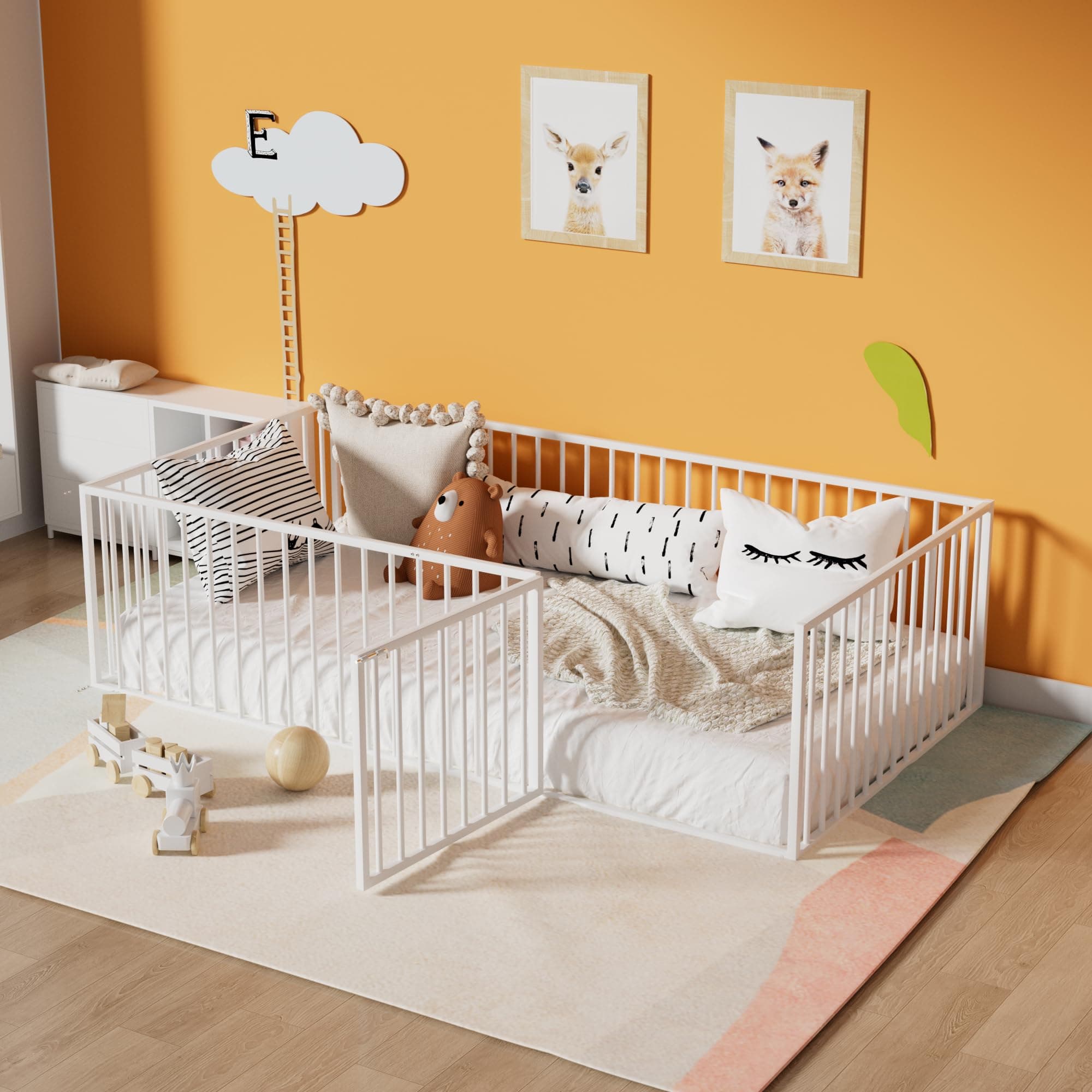 Montessori Metal Safety Guardrail Floor Bed for Kids, White