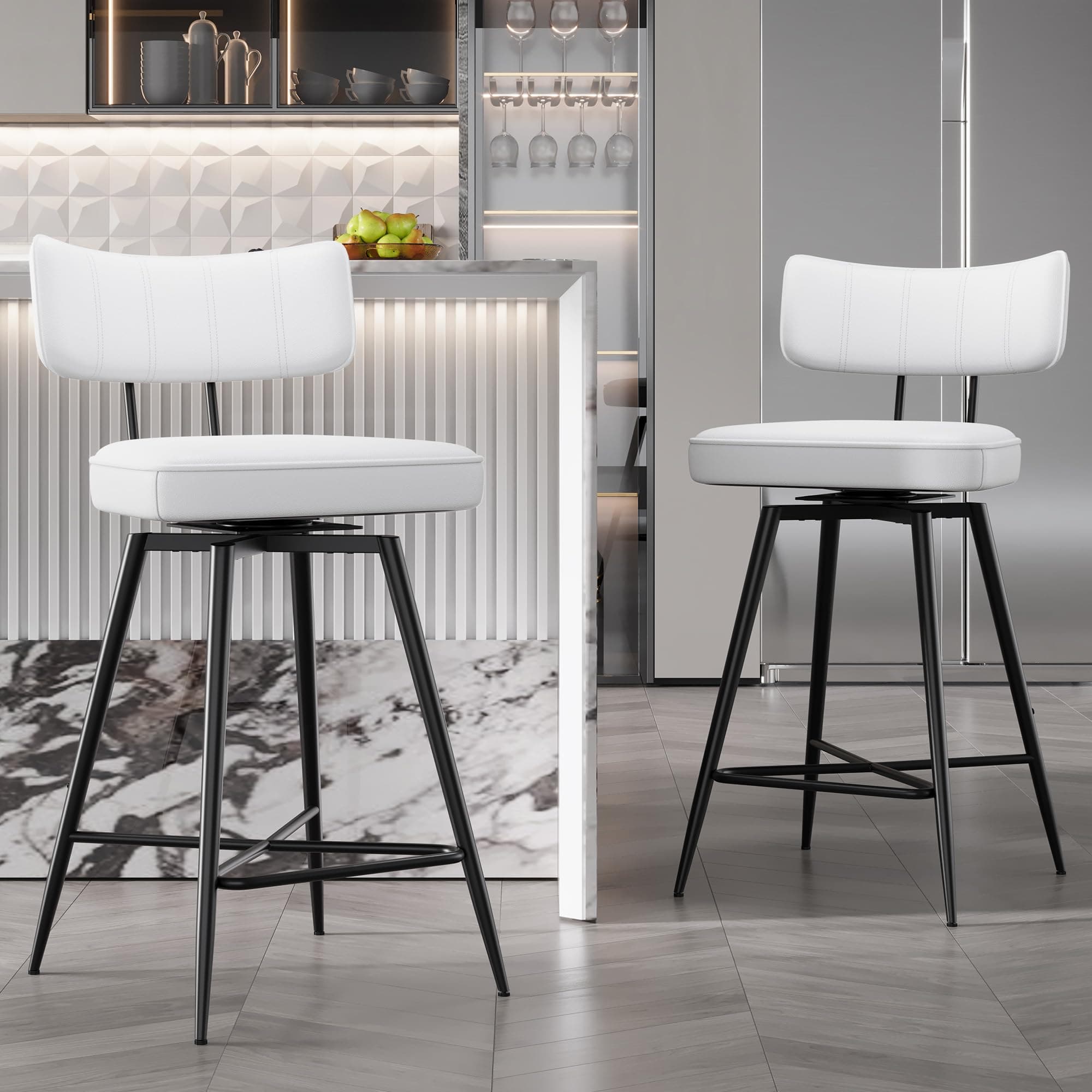 26 Inch White Leather Swivel Bar Stools with Back, Kitchen Counter Set of 2