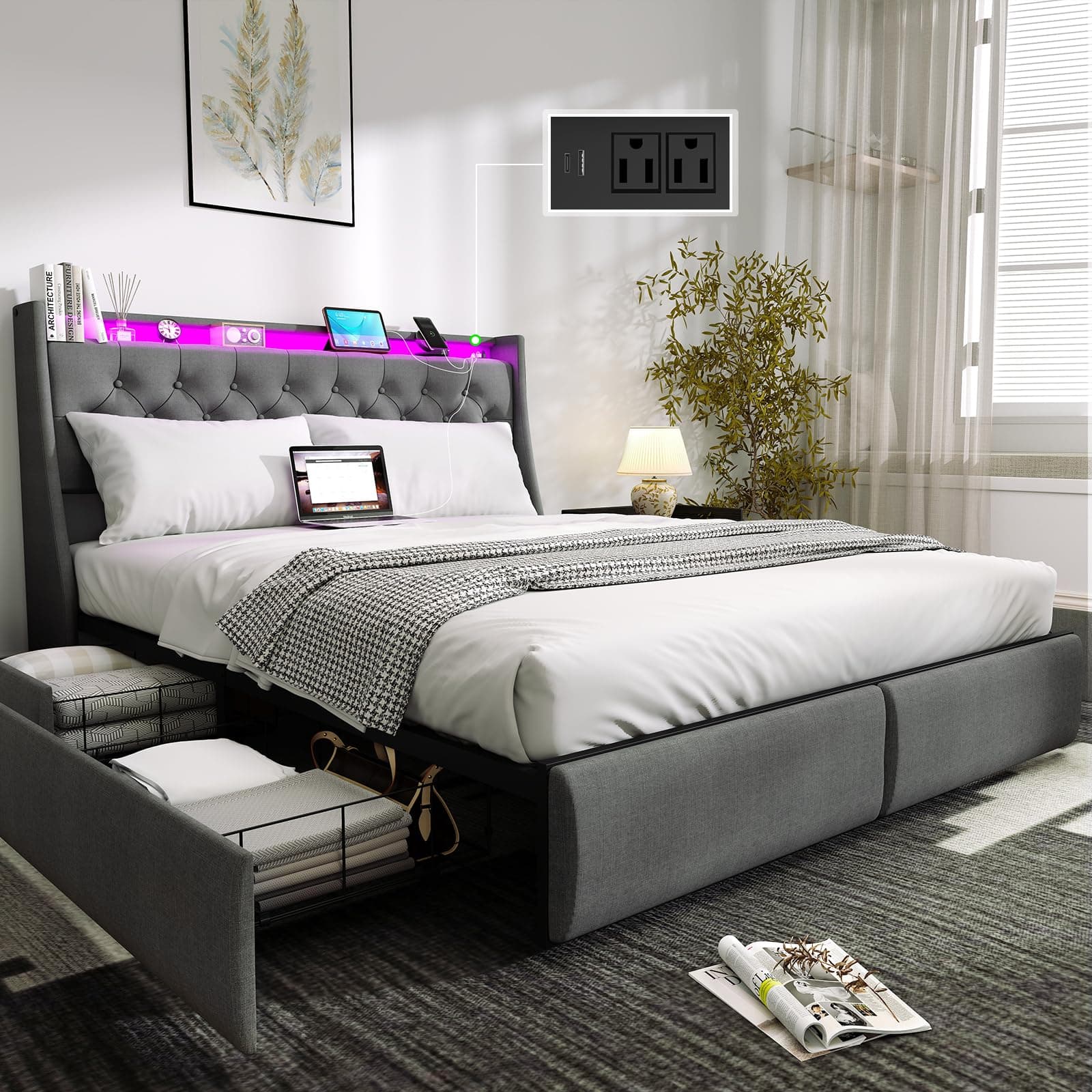 Queen Size Bed Frame with Storage Drawers & LED Lights, Upholstered Headboard, Charging Station, Steel Support, No Box S