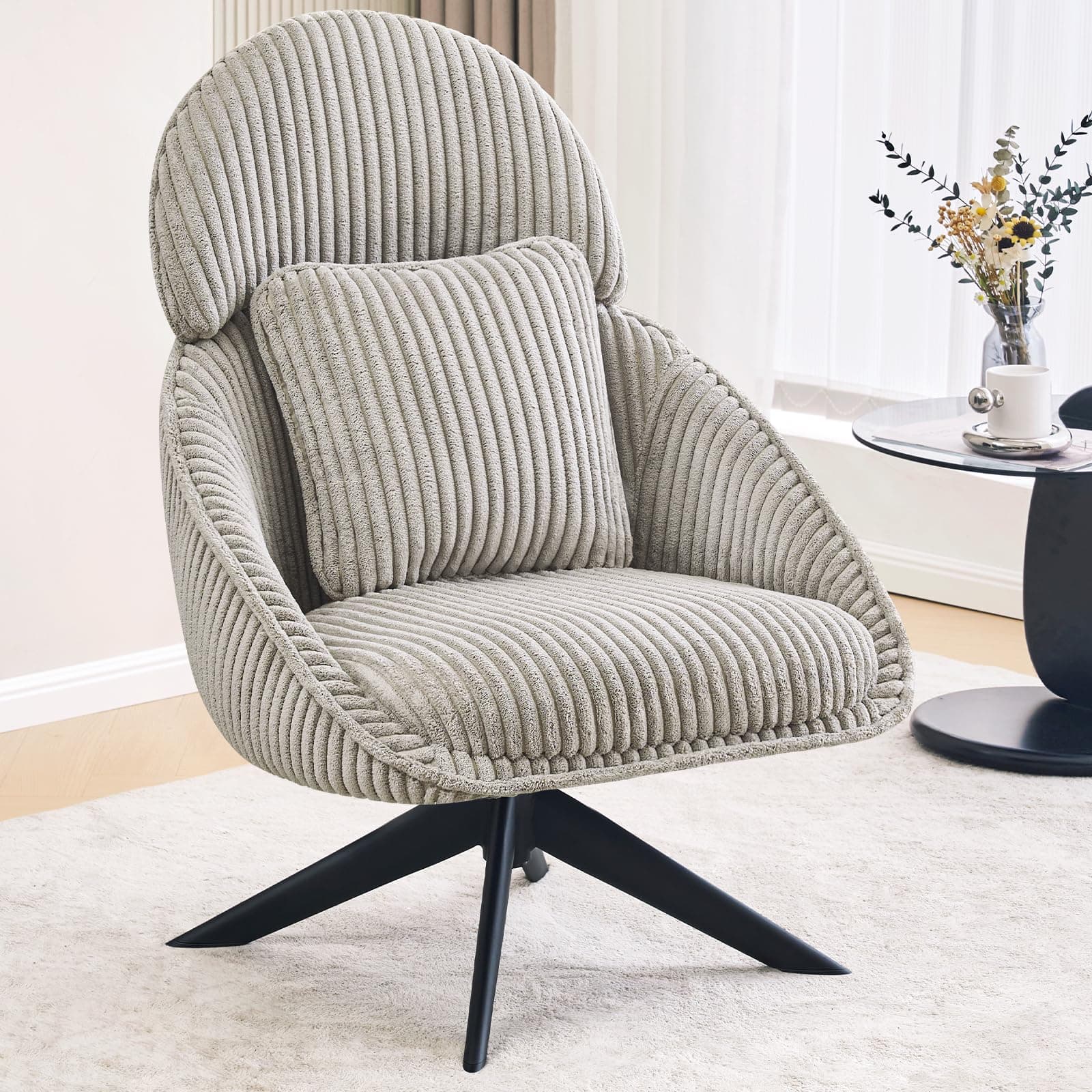 Furniliving Grey Corduroy Swivel Living Room Chair with Arms