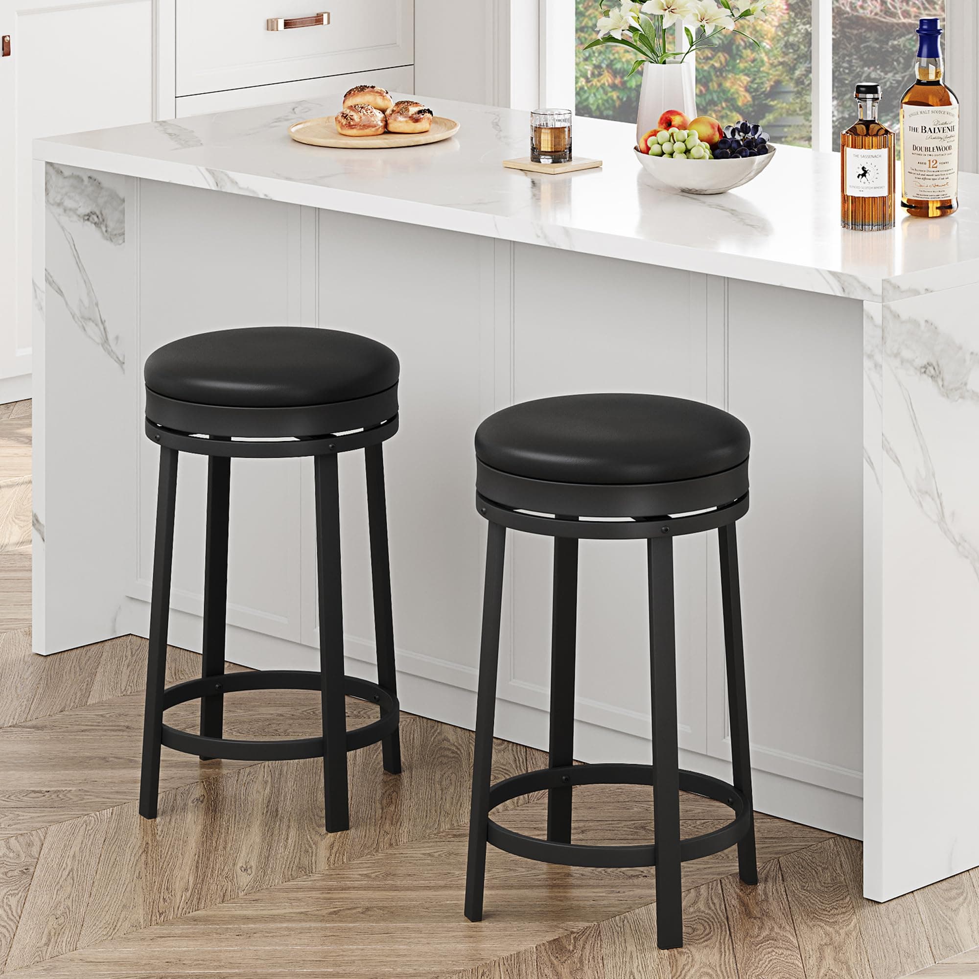 IDEALHOUSE Black Backless Swivel Bar Stools Set of 2, 24" Counter HeightPU Leather & Metal
