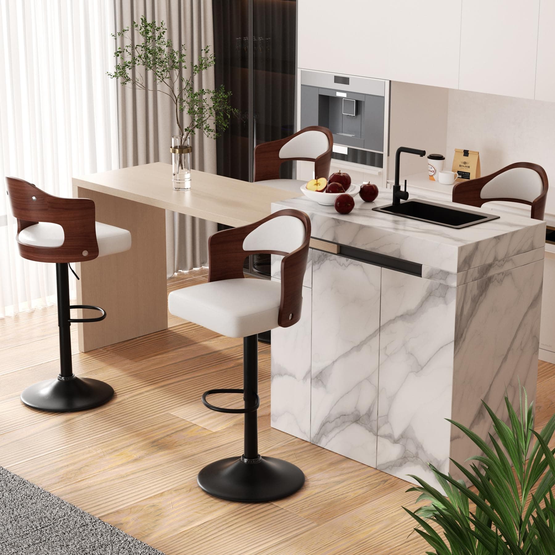 Adjustable Height Wooden Bar Stools Set of 4 with Back & Footrest