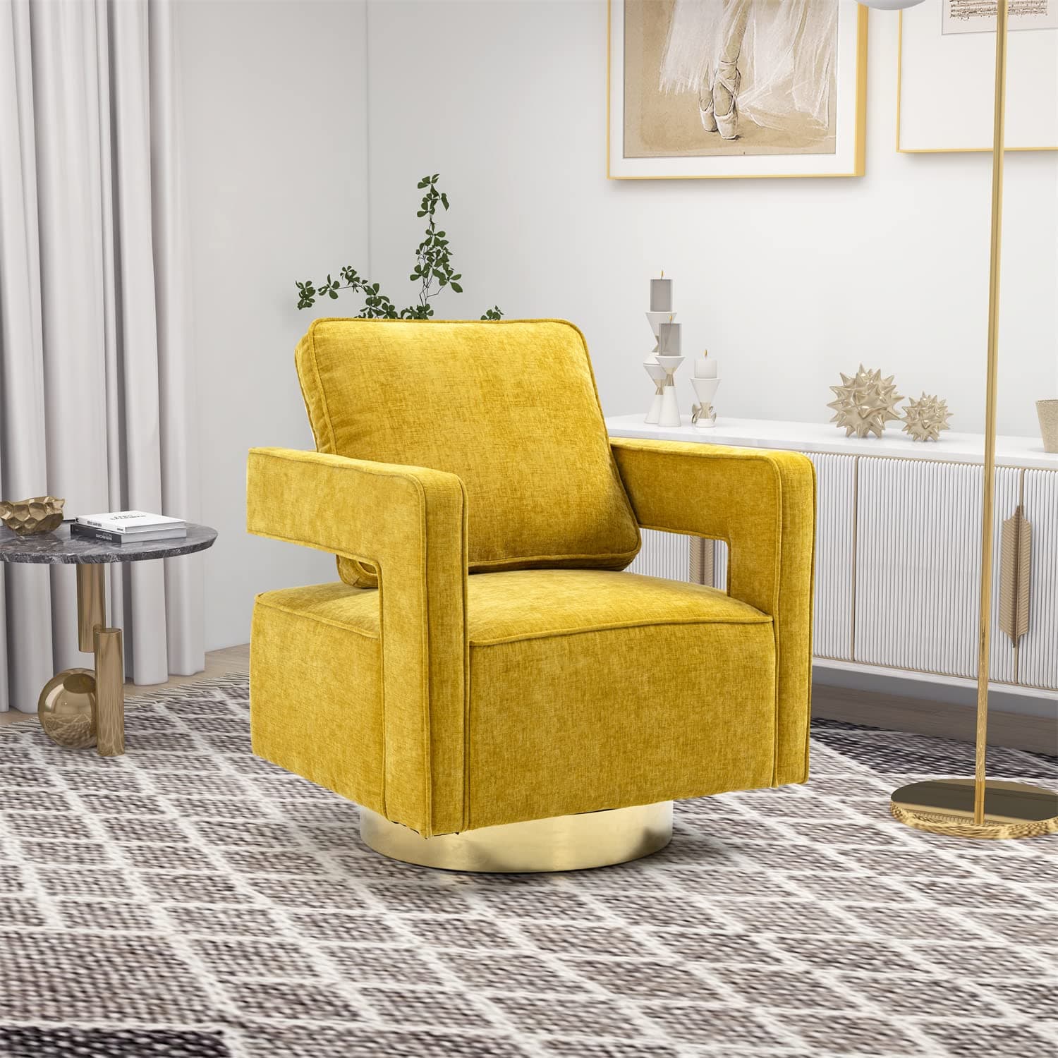 Modern Grey Chenille Swivel Accent Chair with Gold Stainless Steel Base