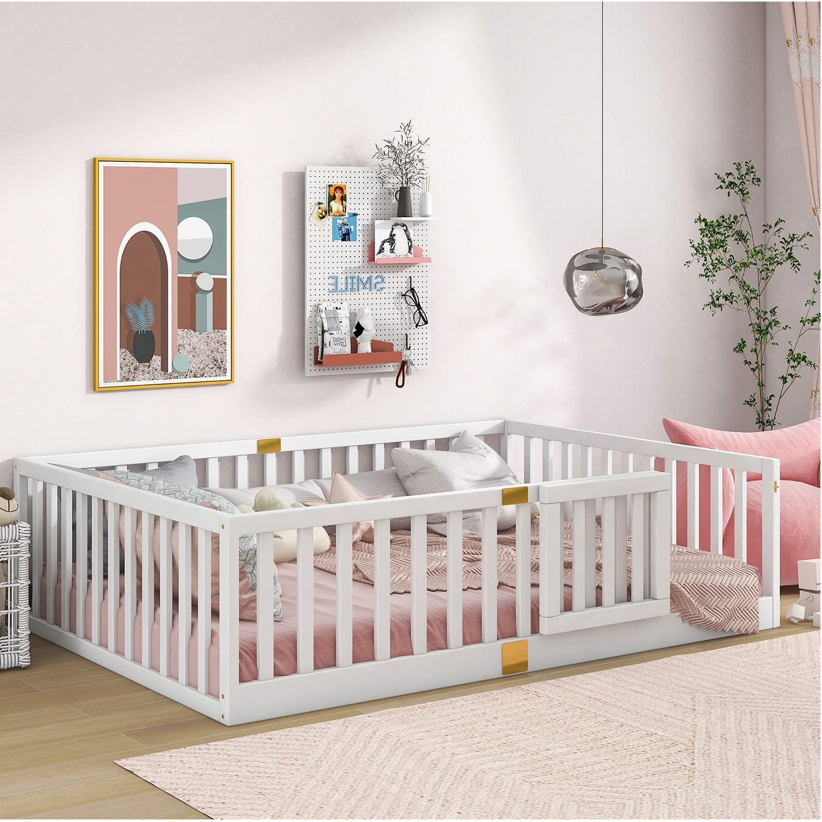 Tatub Full Montessori Floor Bed, Solid Wood, High Rails, Door Install Left or Right, Full-White