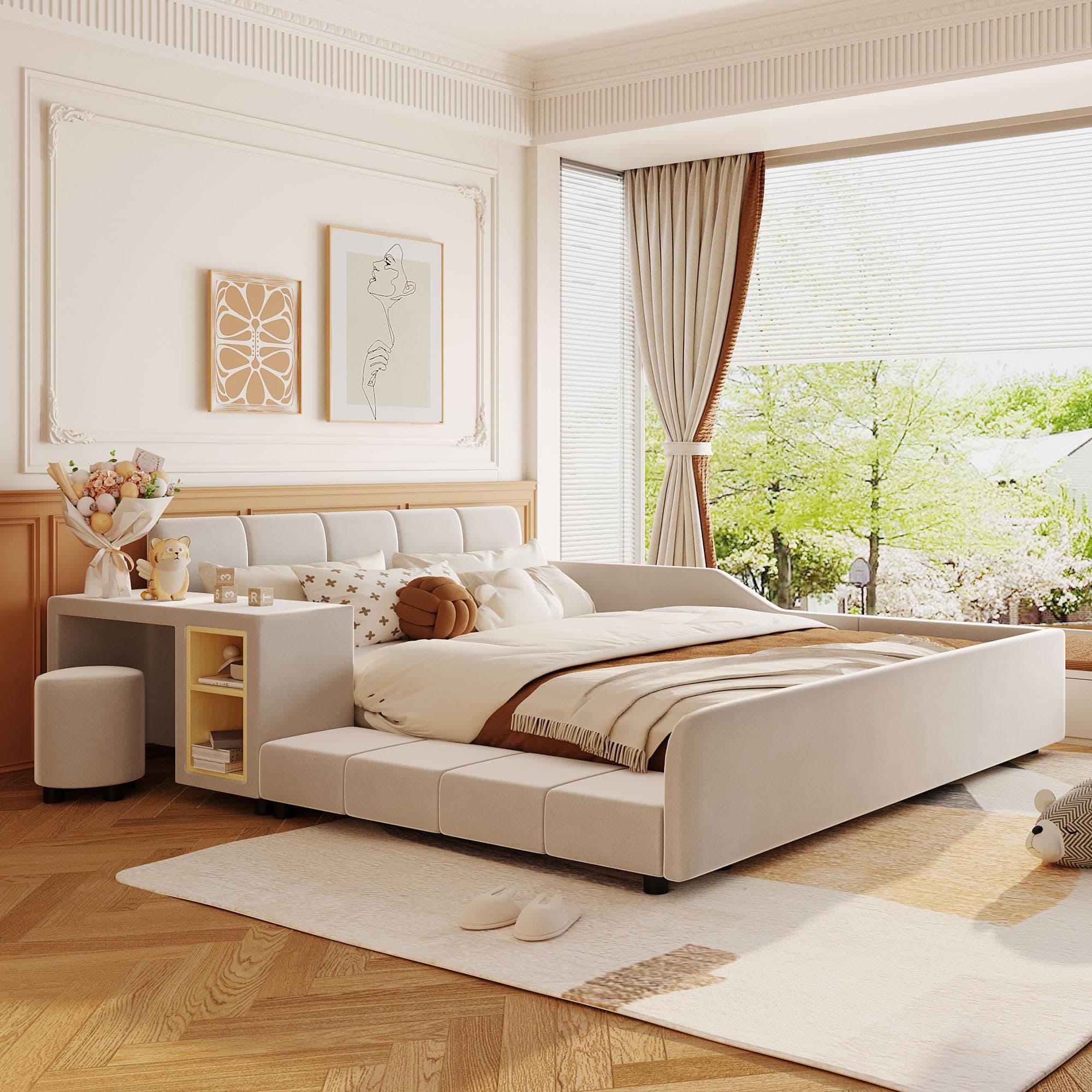 Beige Velvet Upholstered Queen Bed with Desk & Stool, No Box Spring Required