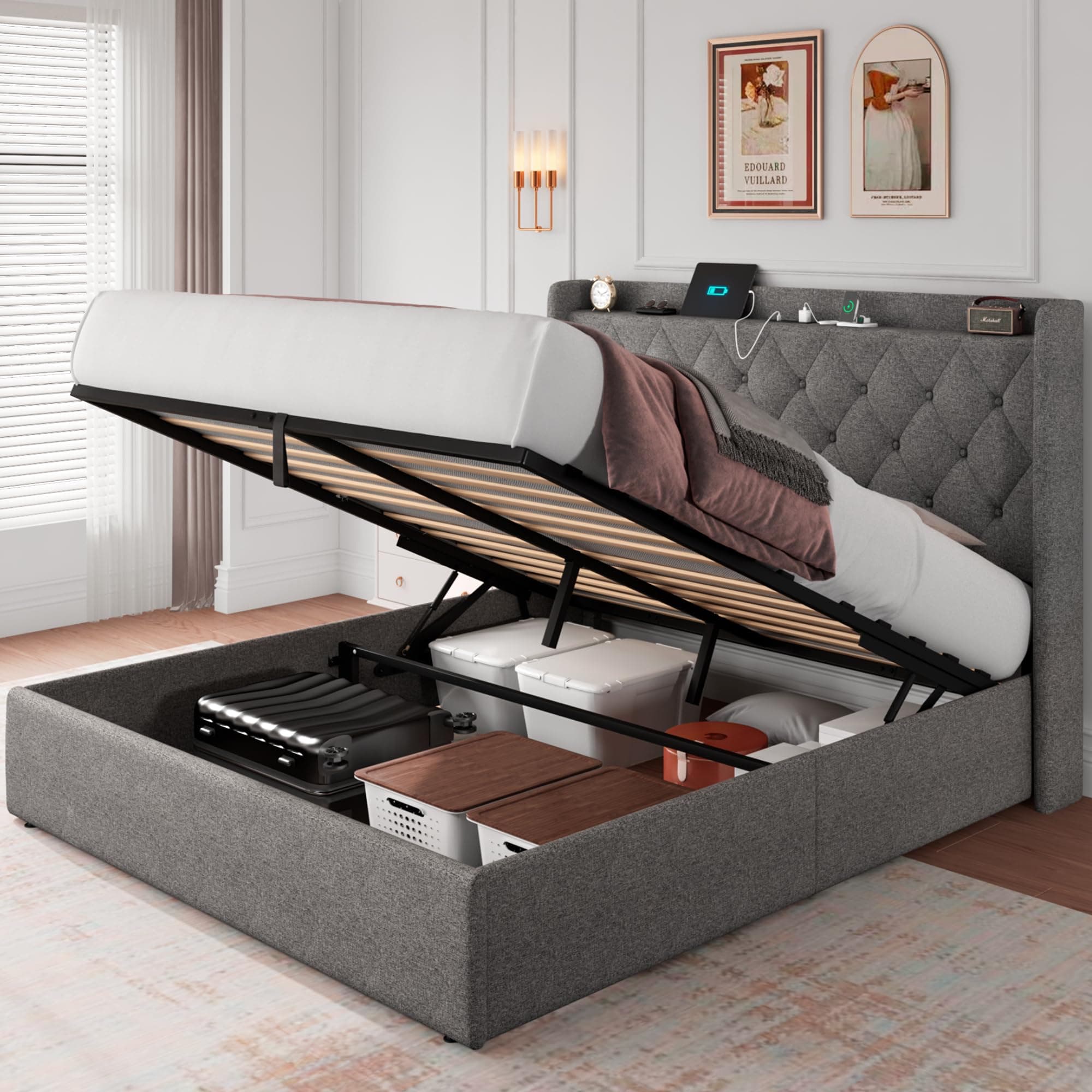 iPormis Queen Storage Bed with Charging Station, Light Grey