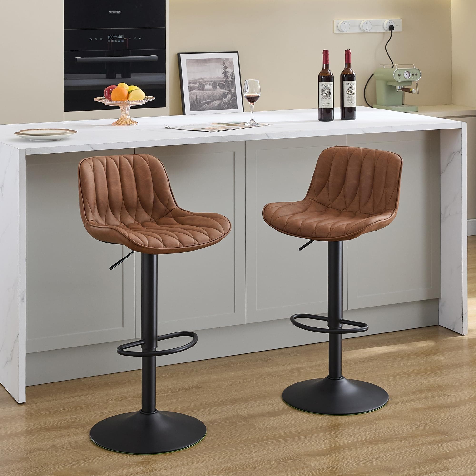 Brown Counter Height Swivel Bar Stools, Adjustable 25"-33", Faux Leather (2PCS)