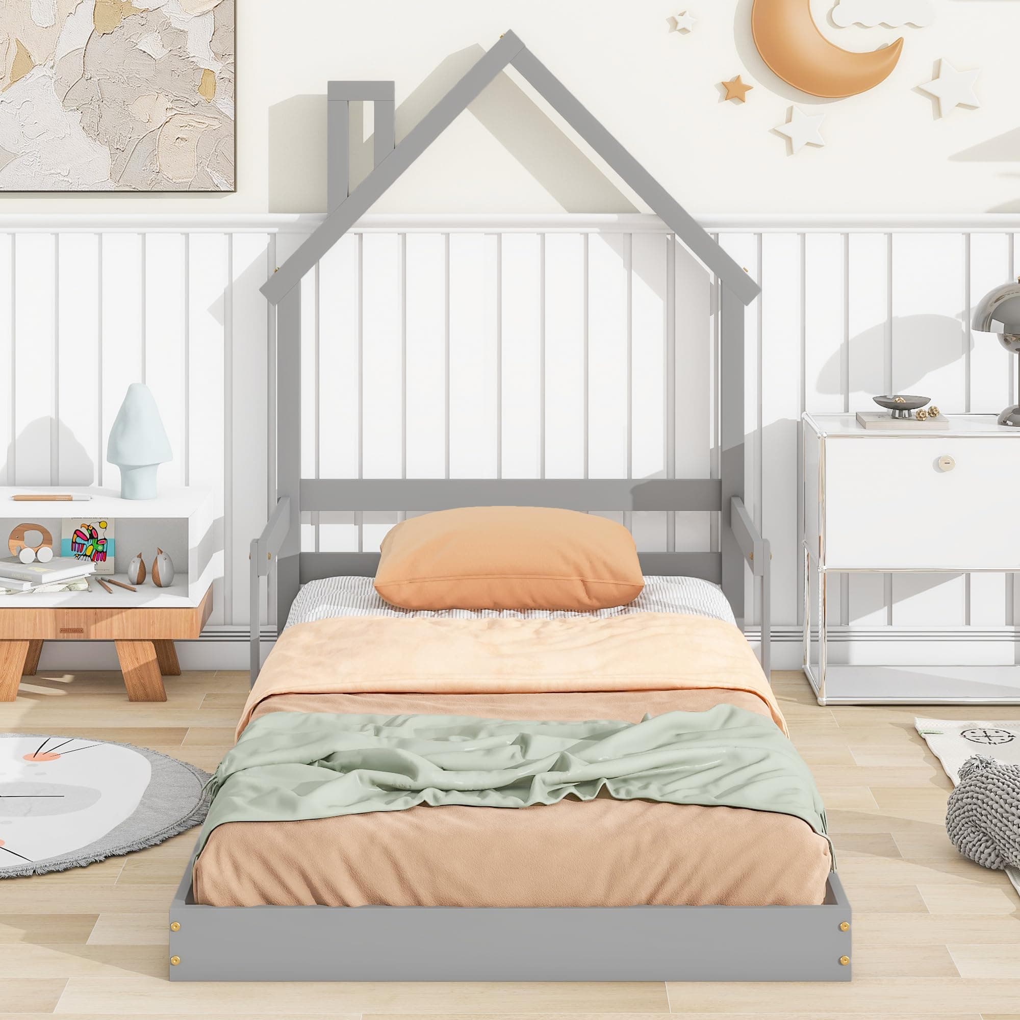 Montessori Twin Floor Bed with House-Shaped Headboard & Slat Support, Gray