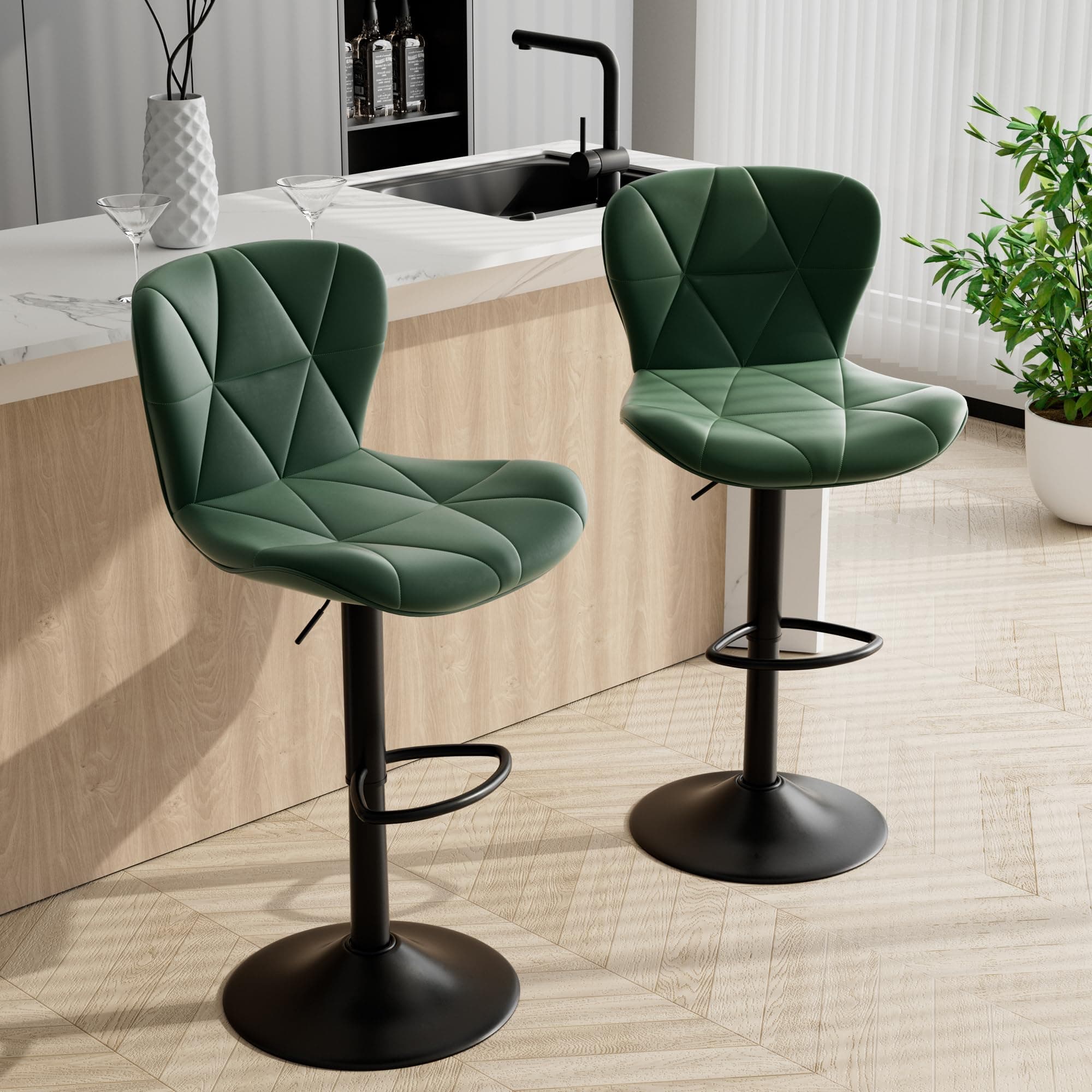 Green Faux Leather Bar Stools Set, Adjustable Swivel Kitchen Chairs