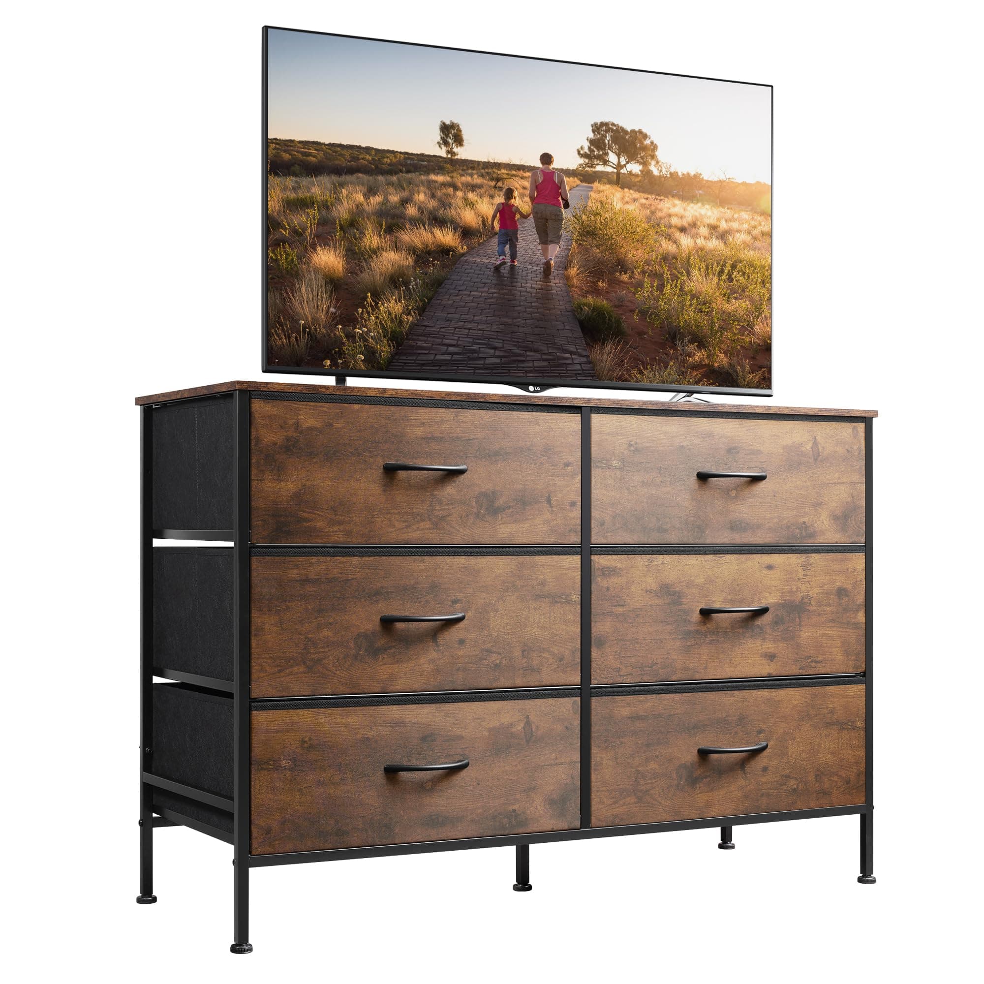 Rustic Brown Wood Grain Dresser with 6 Drawers and TV Stand for 50 TV