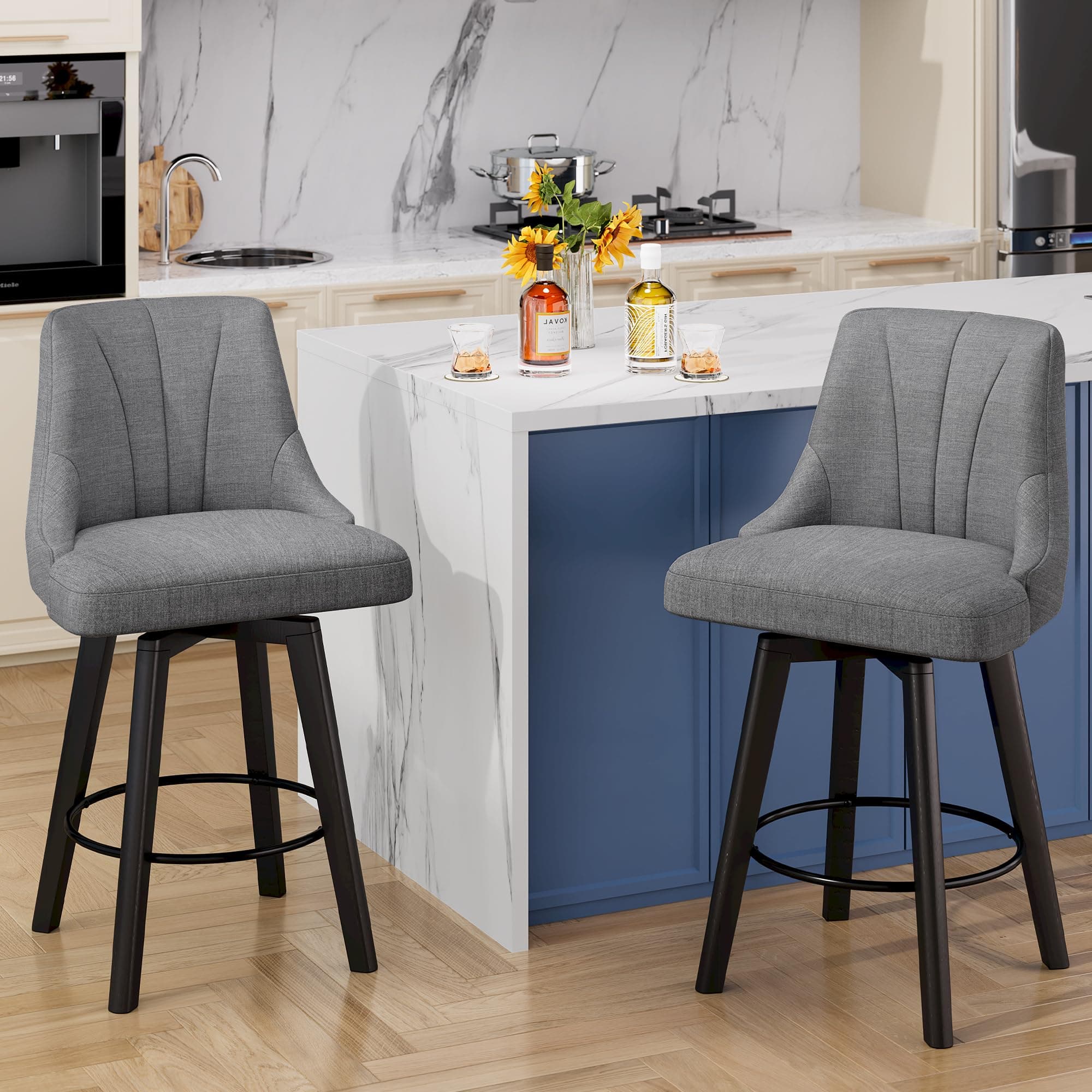 Dark Gray Counter Height Swivel Bar Stool Set (24" Fabric, Back, Wood Legs)