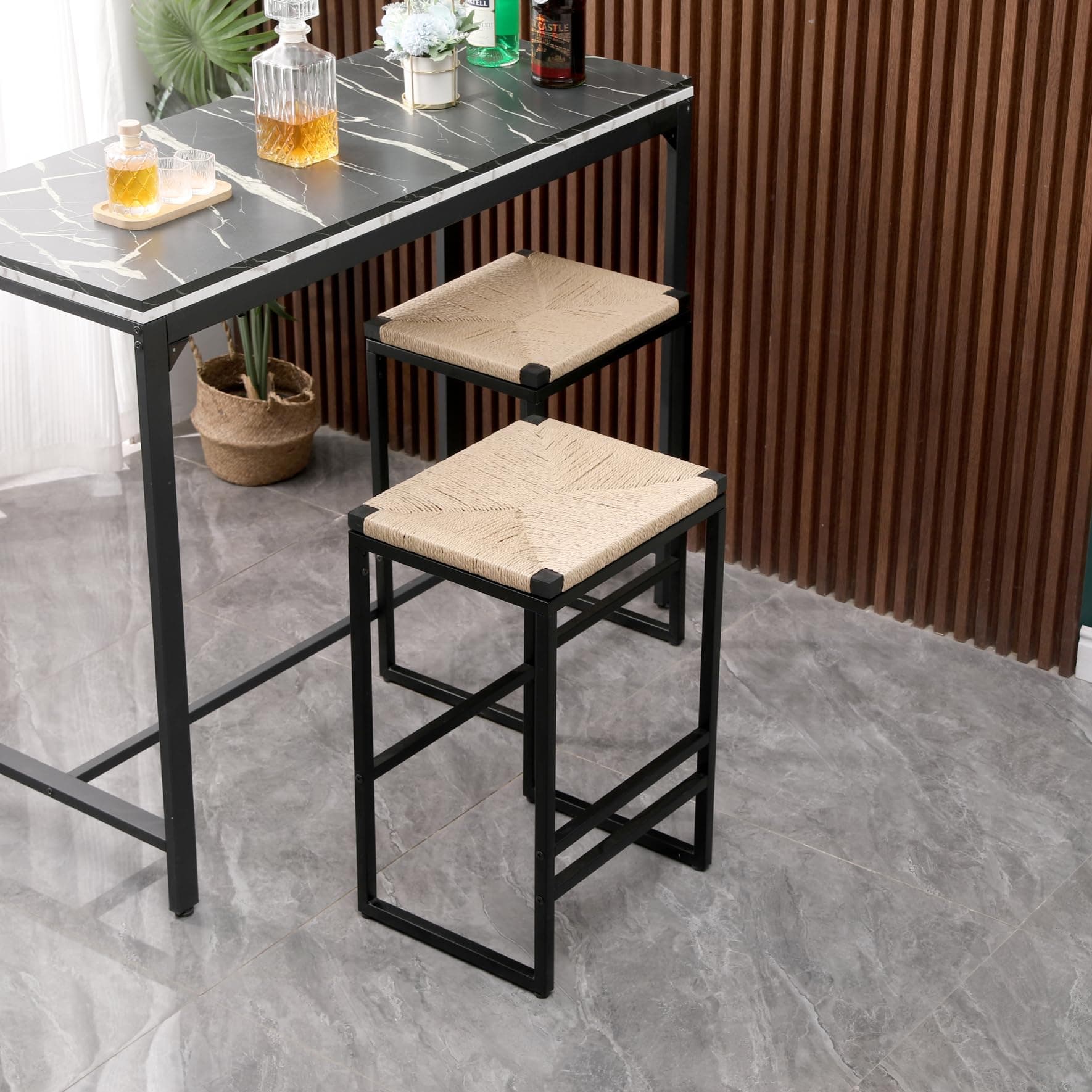 i-POOK Set of 2 Backless Rattan Bar Stools for Kitchen Island and Dining Room, Beige