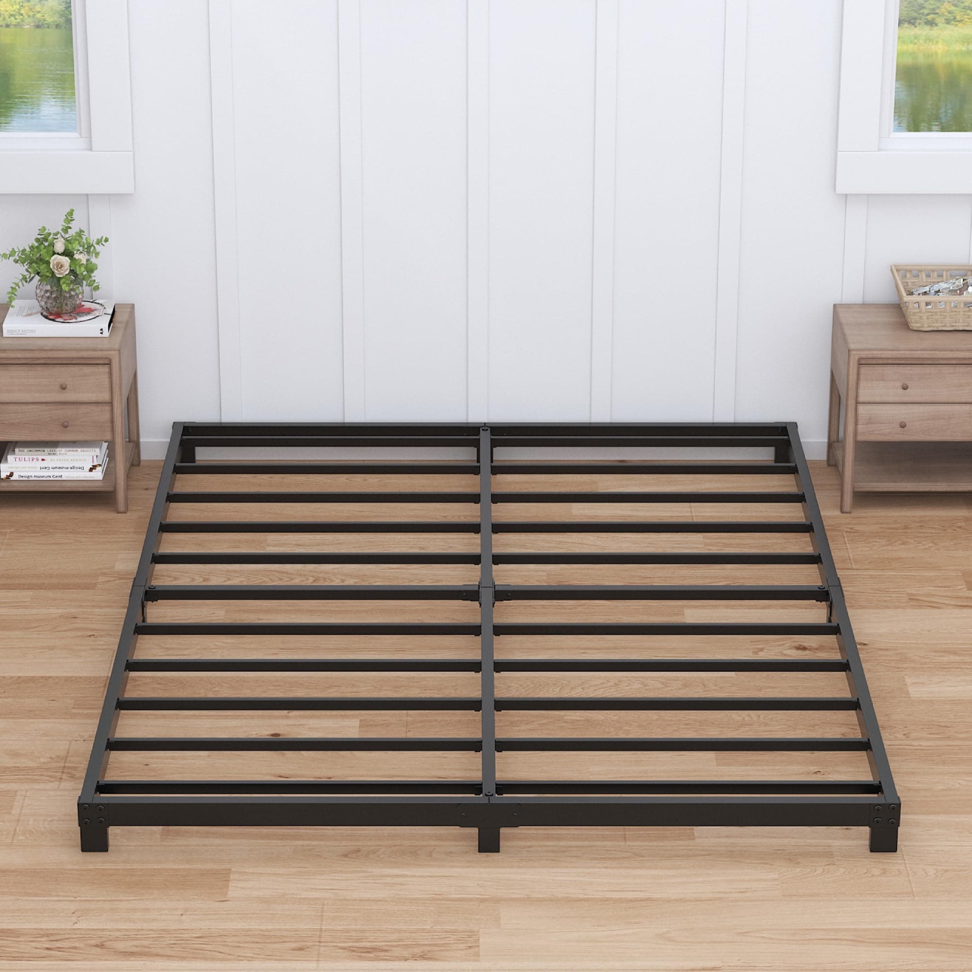 Queen Size Low Profile 4-Inch Metal Bed Frame - No Box Spring Needed, Easy Assembly, Heavy Duty, Black