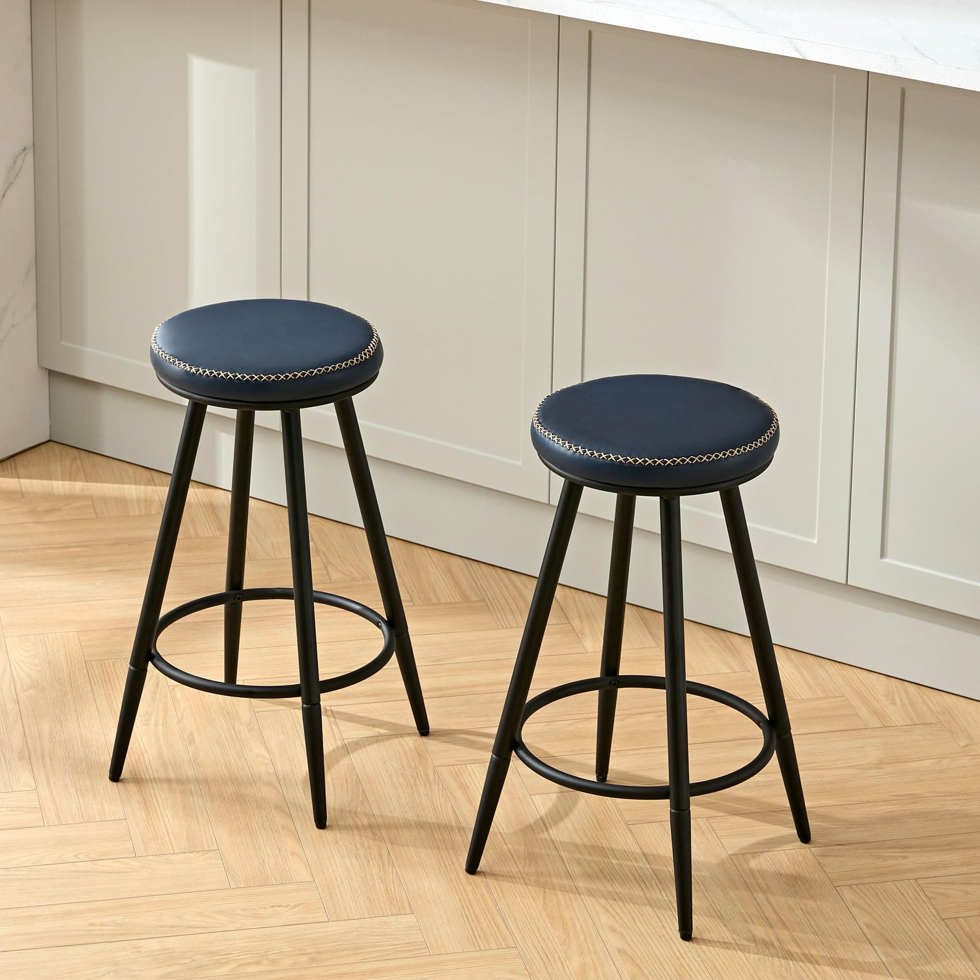 Navy Faux Leather Swivel Bar Stools Set 24"Kitchen Island (2PCS)