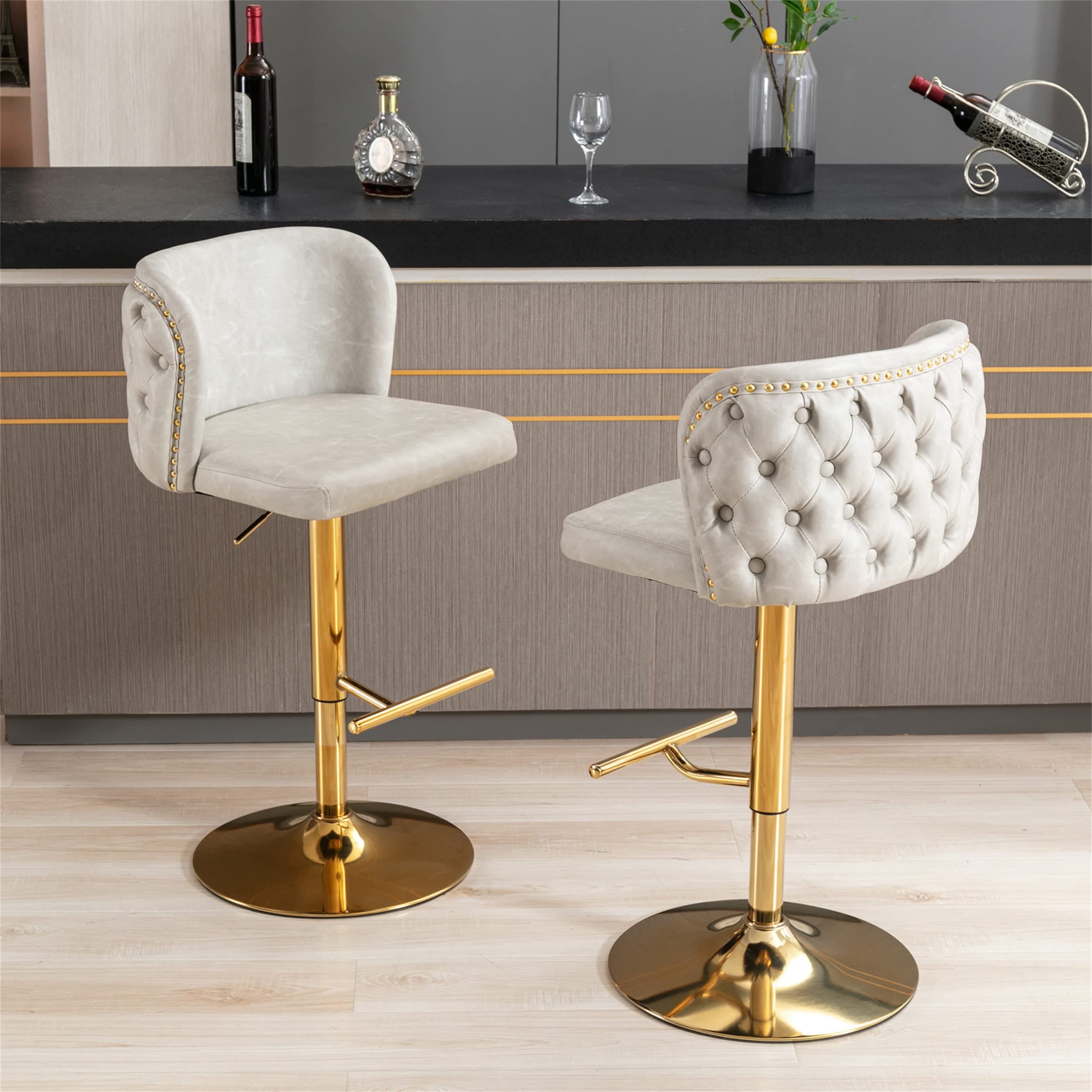 Adjustable Swivel Bar Stools Set of 2, PU Leather Upholstered Bar Chairs, Beige