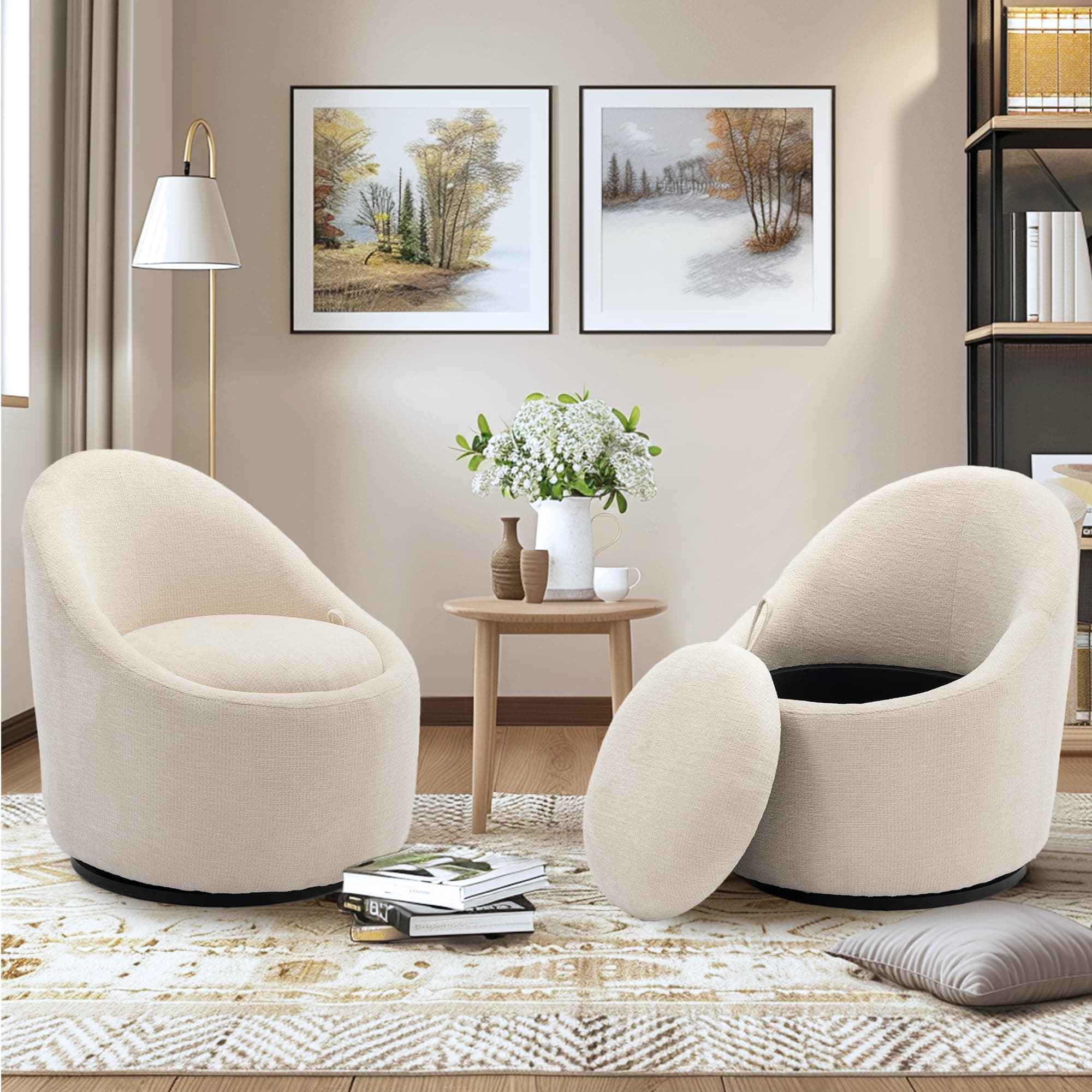 Beige Accent Chair Set of 2 with Hidden Storage
