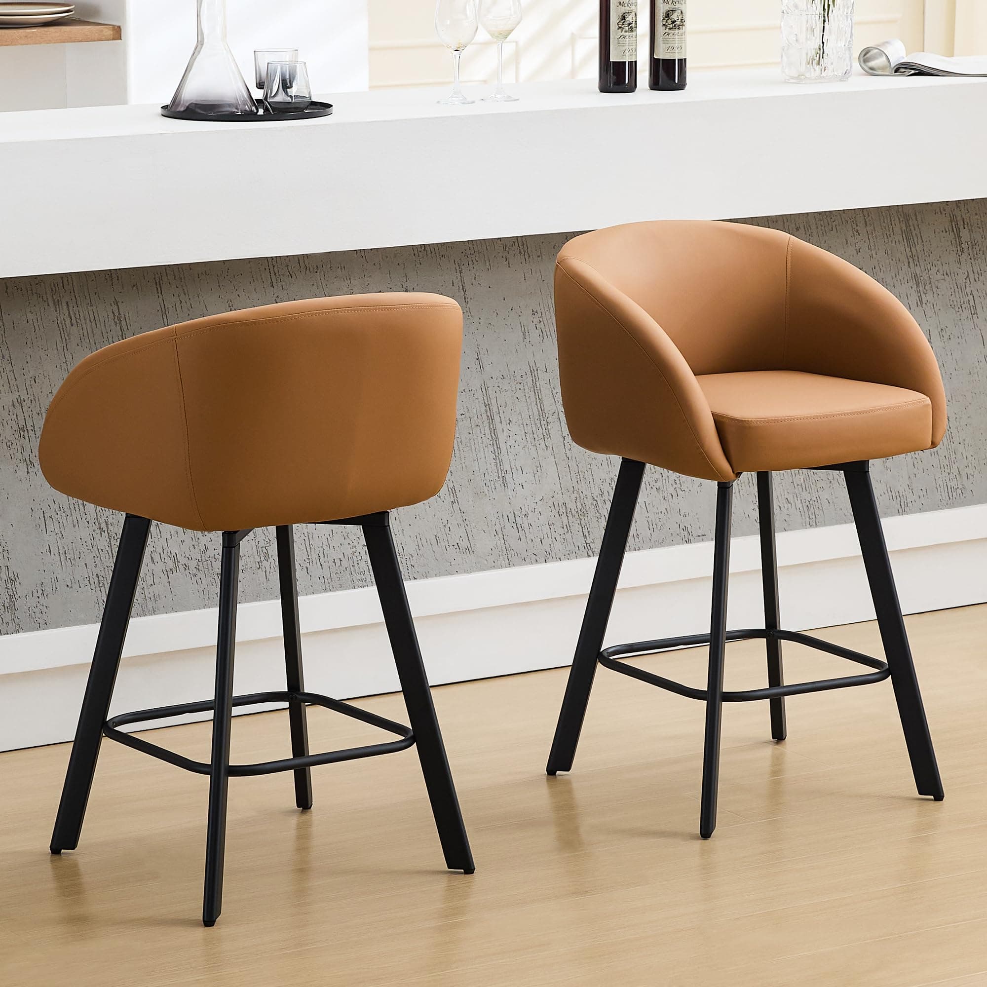 Caramel Brown 26" Swivel Bar Stools with Back Armrest (2PCS)