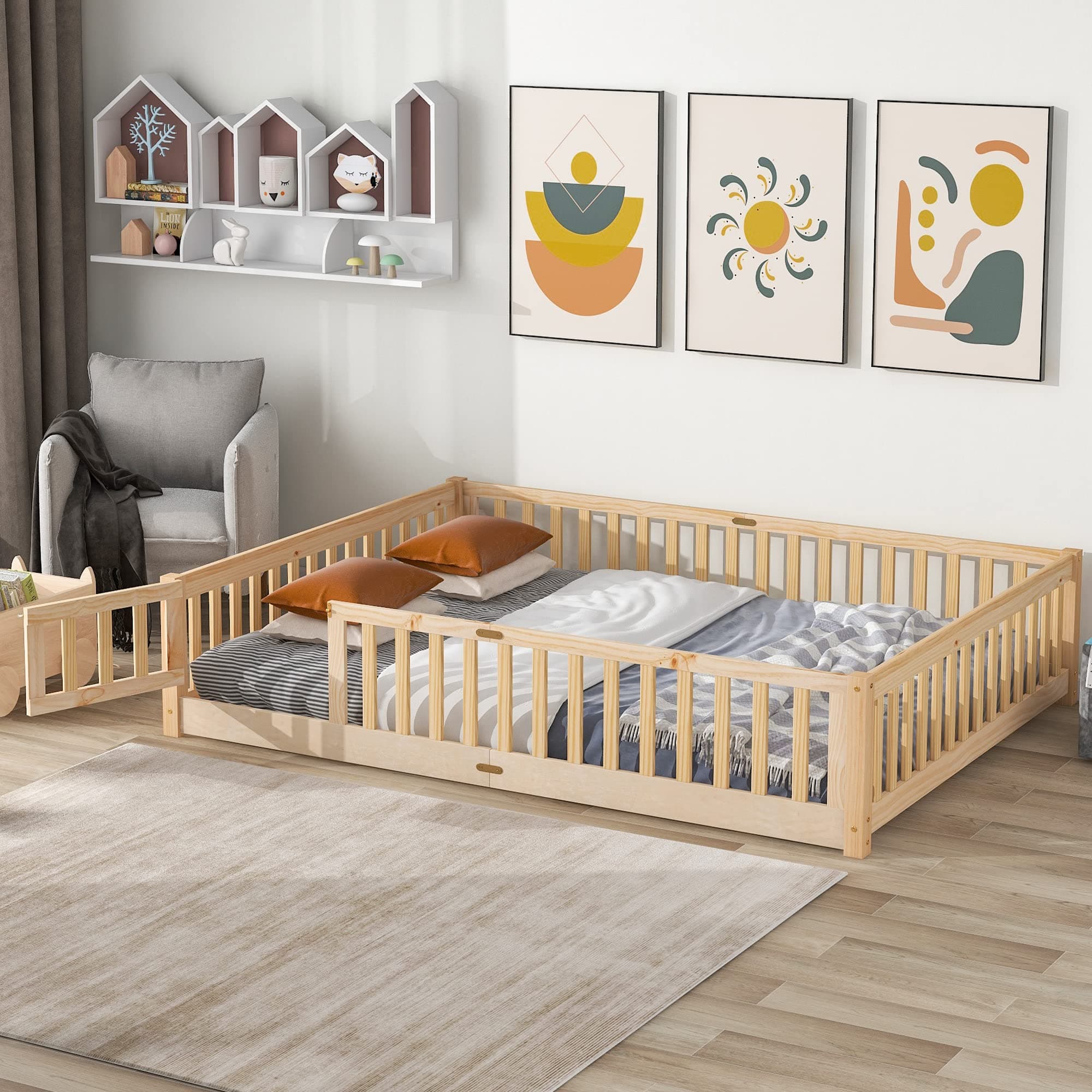 Montessori Floor Bed for Kids with Wood Frame and Slats