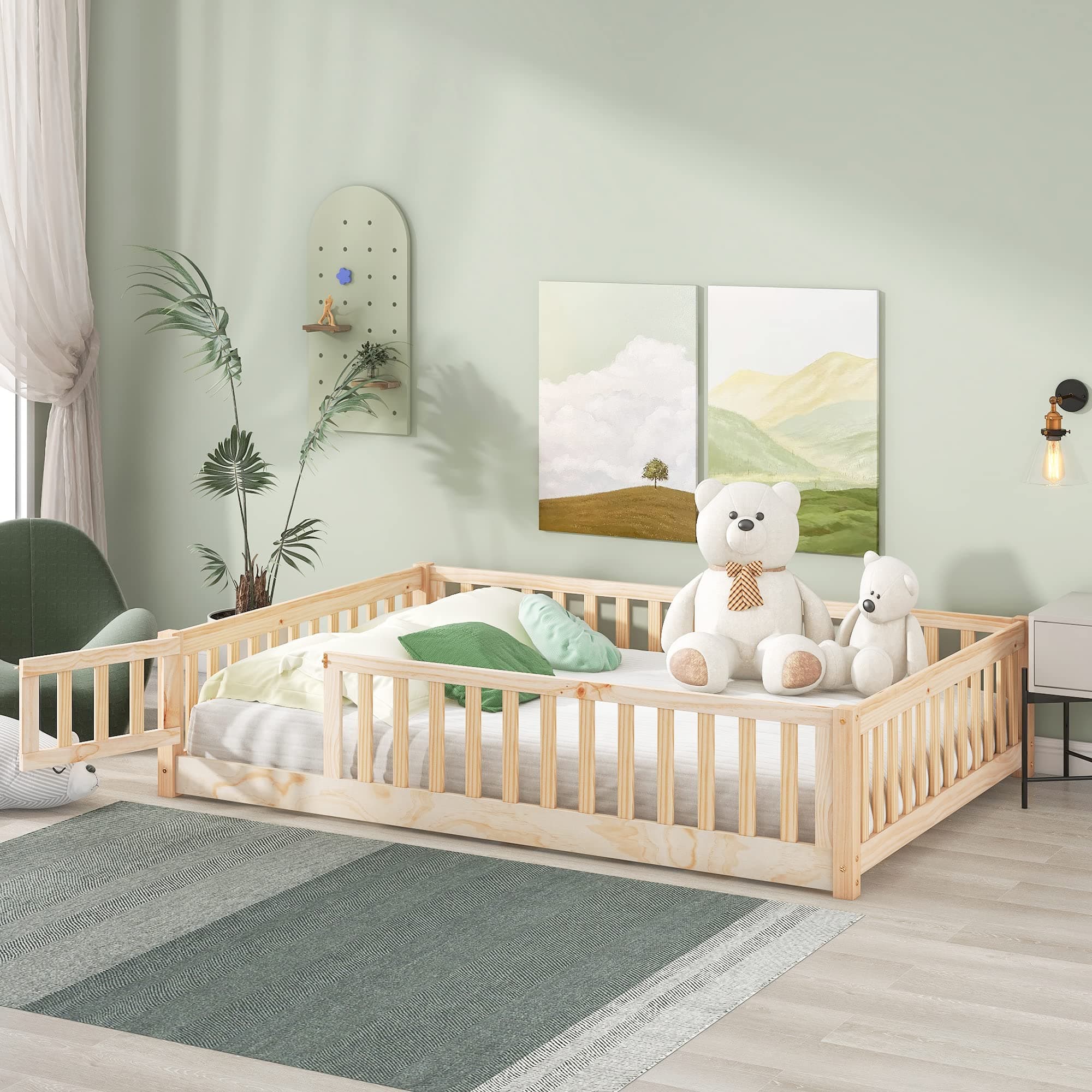 i-POOK Montessori Twin Floor Bed for Children, Sturdy Wood Frame with Fence & Door, Natural