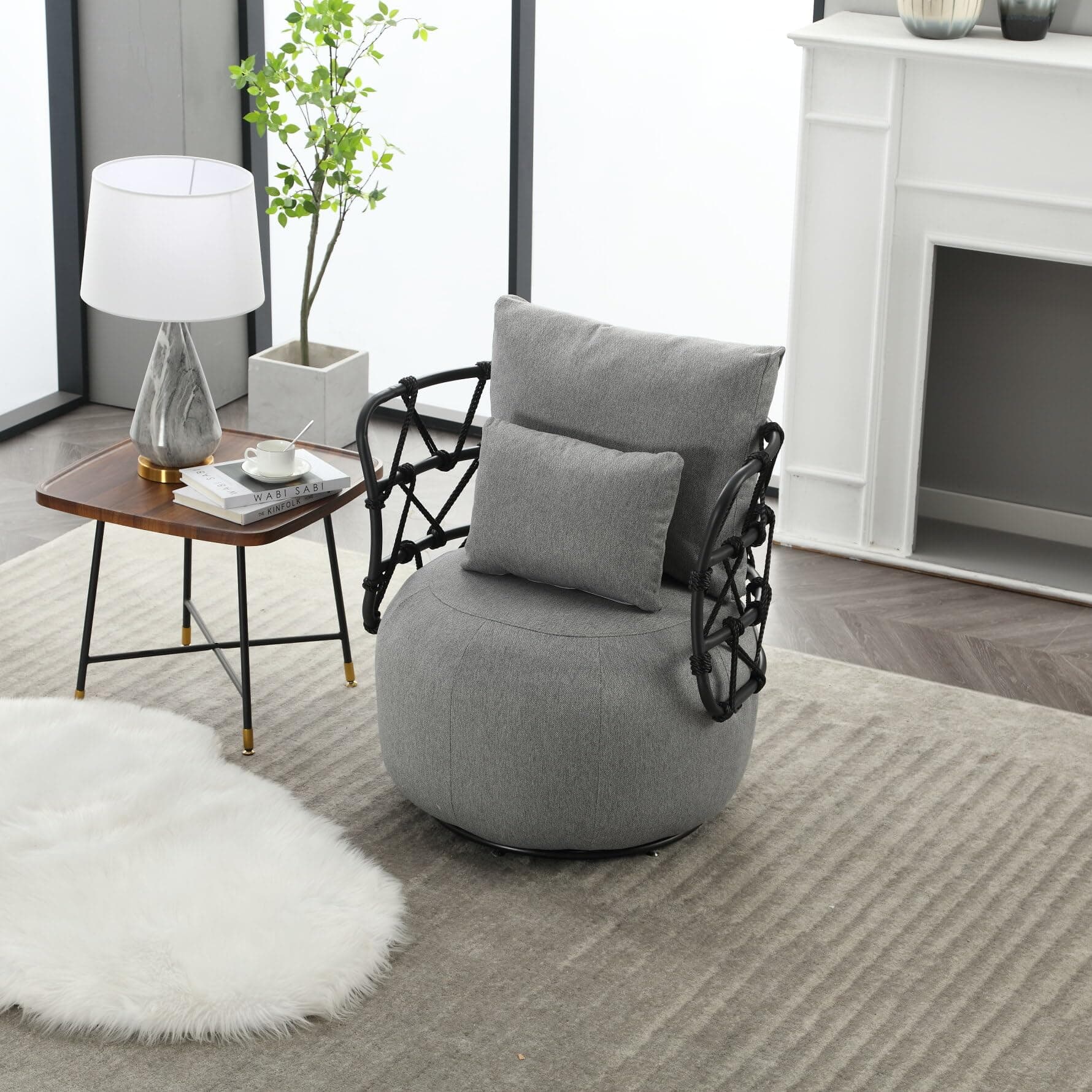 Round Swivel Chair with Back and Pillows, Linen Club Chair for Bedroom and Living Room