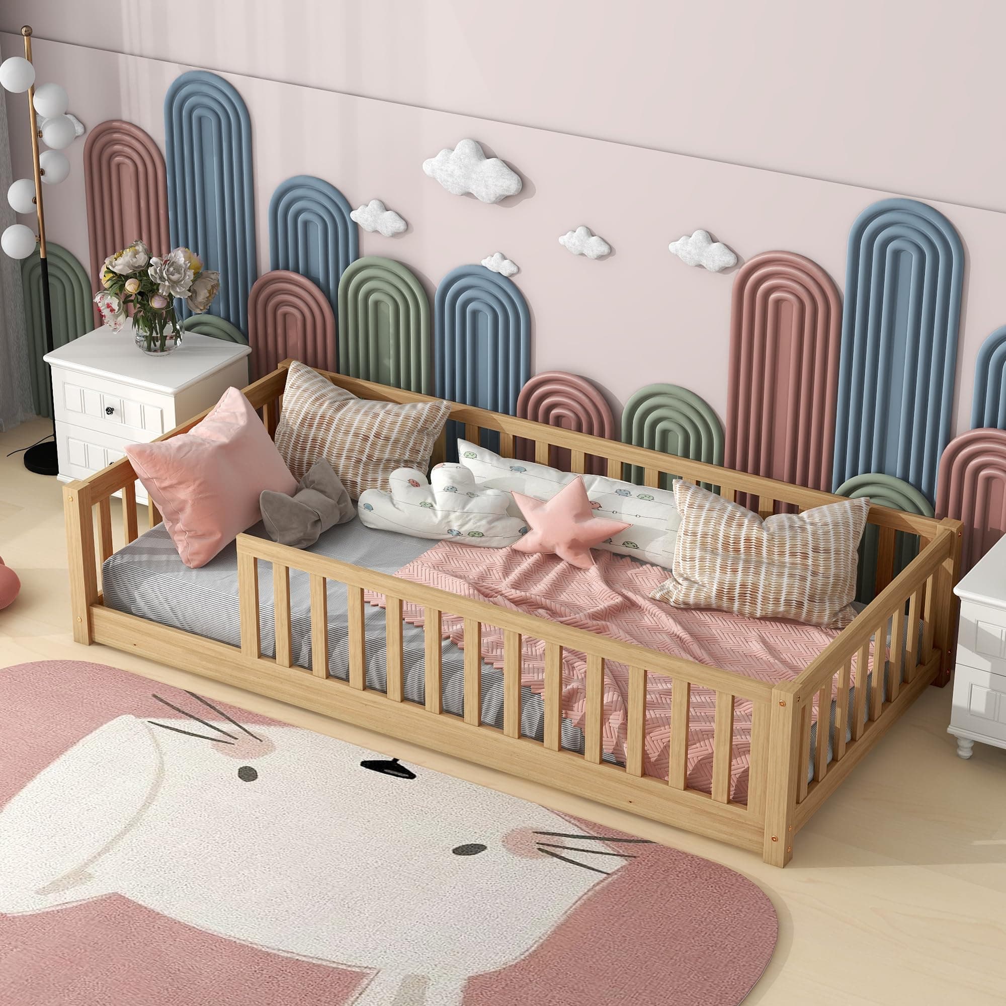 Sturdy Montessori Twin Floor Bed with Guardrail for Kids, No Box Spring Needed,Natural
