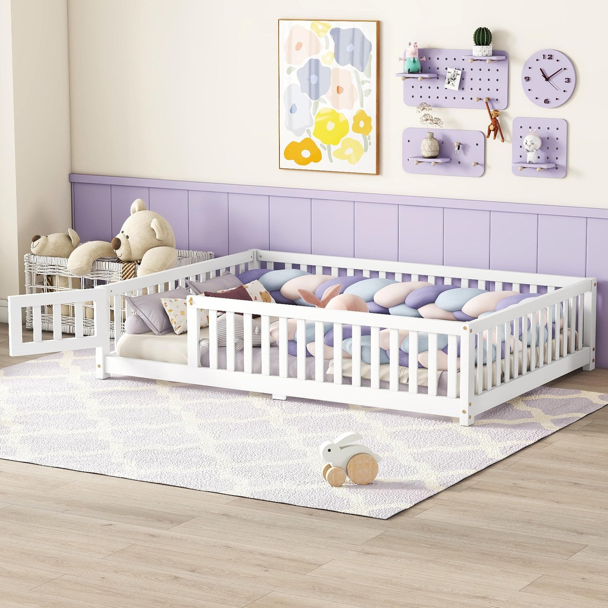 Montessori Wooden Floor Bed Frame with Fence & Headboard, White