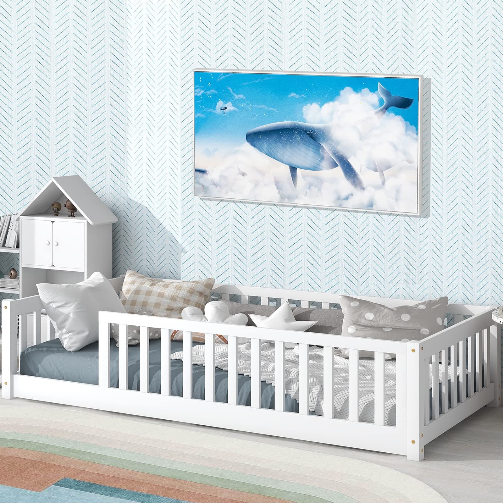 Tatub Safety Floor Bed for Kids, Twin Size, White