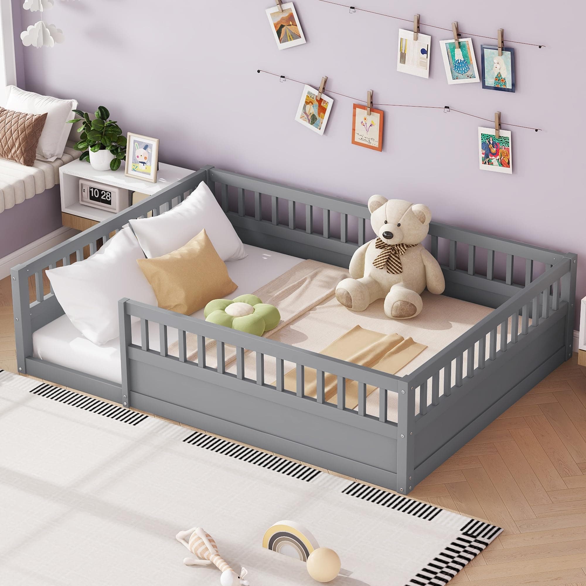 Montessori Full Size Floor Bed with High Rails, Gray for Kids Boys Girls Teens