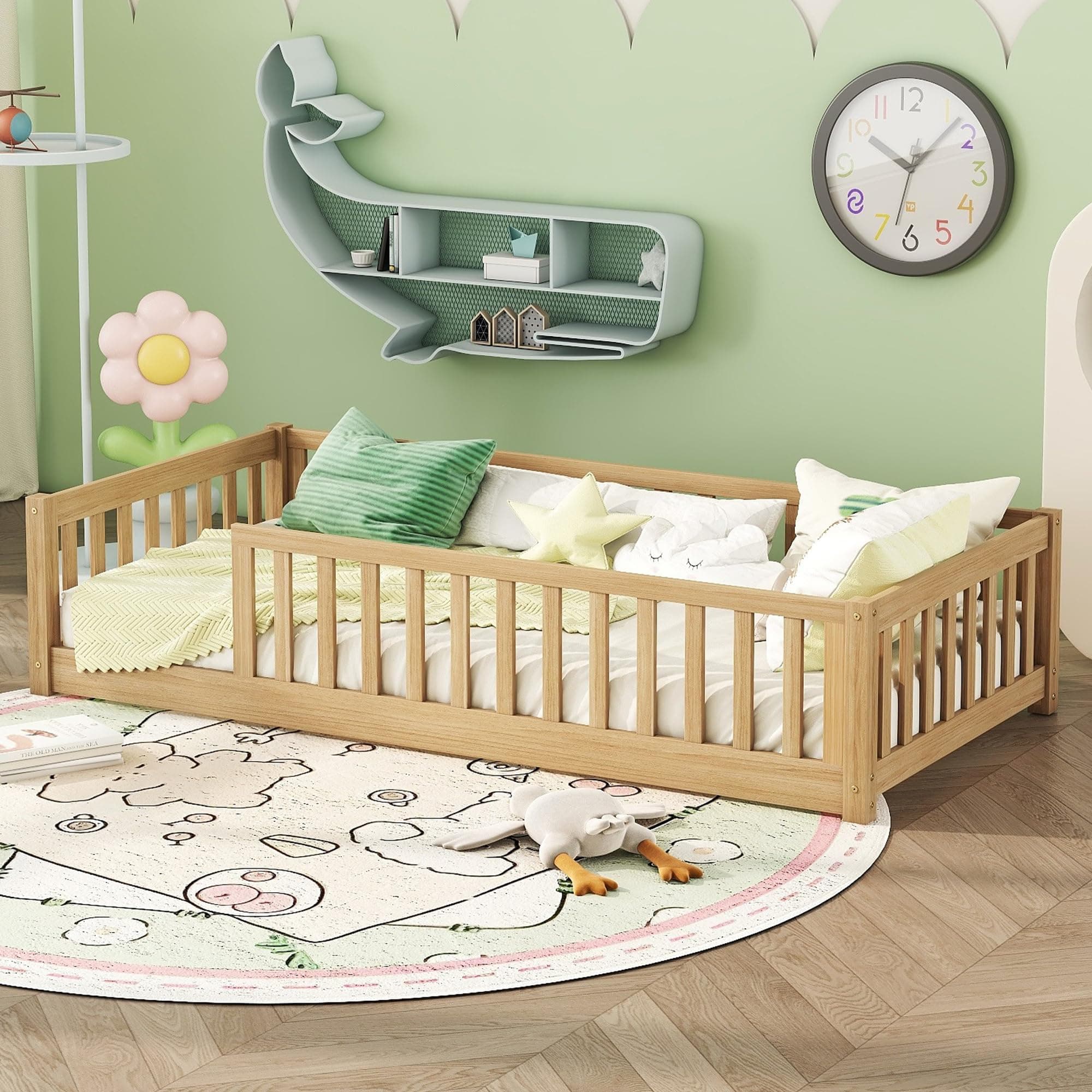 Twin Size Montessori Floor Bed for Kids in Natural Wood
