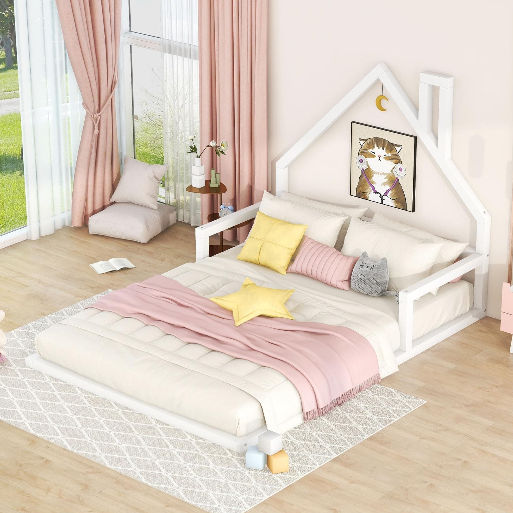 i-POOK White Wood Floor Bed with House-Shaped Headboard