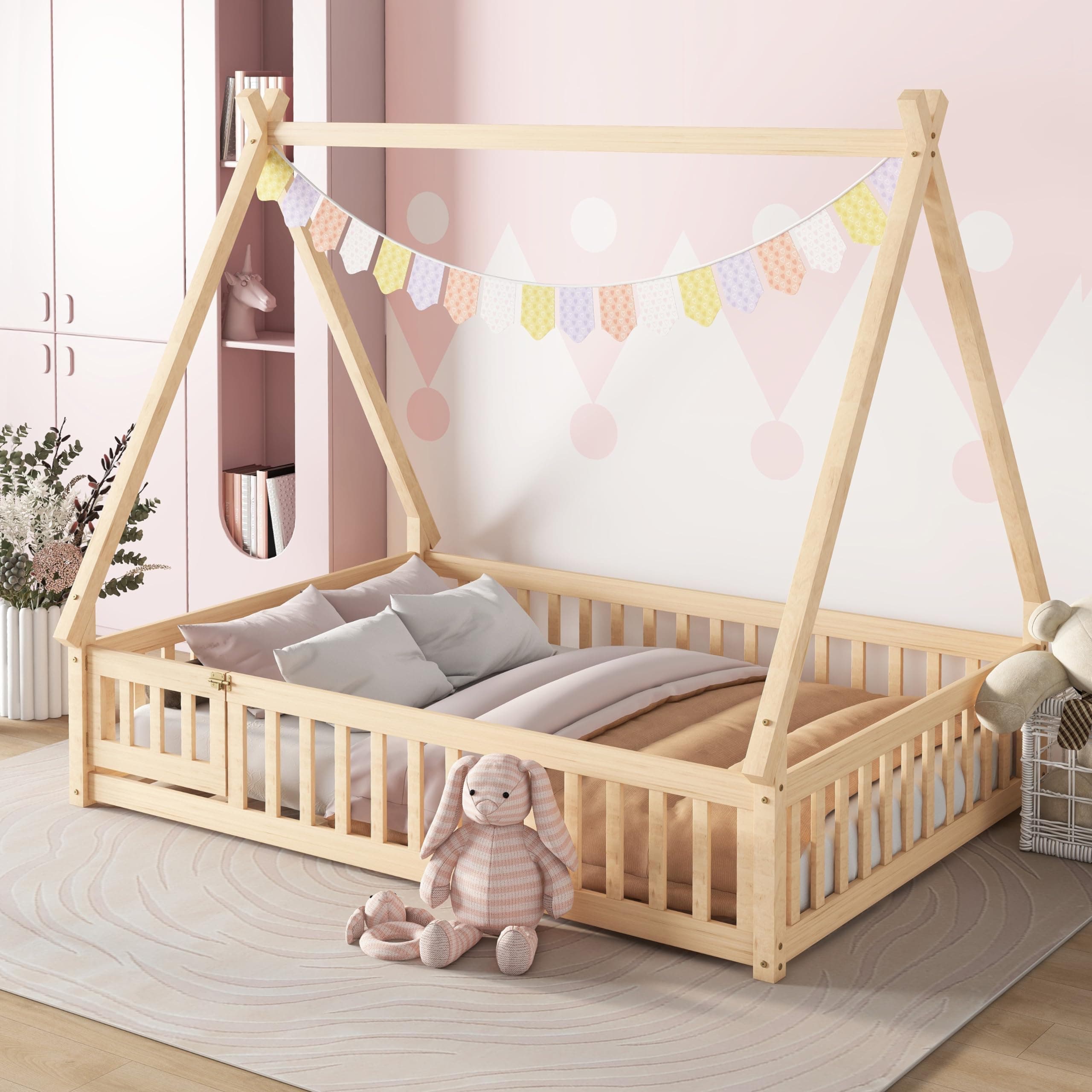 Montessori Full Size Wood Teepee Floor Bed with Slats and Guardrails