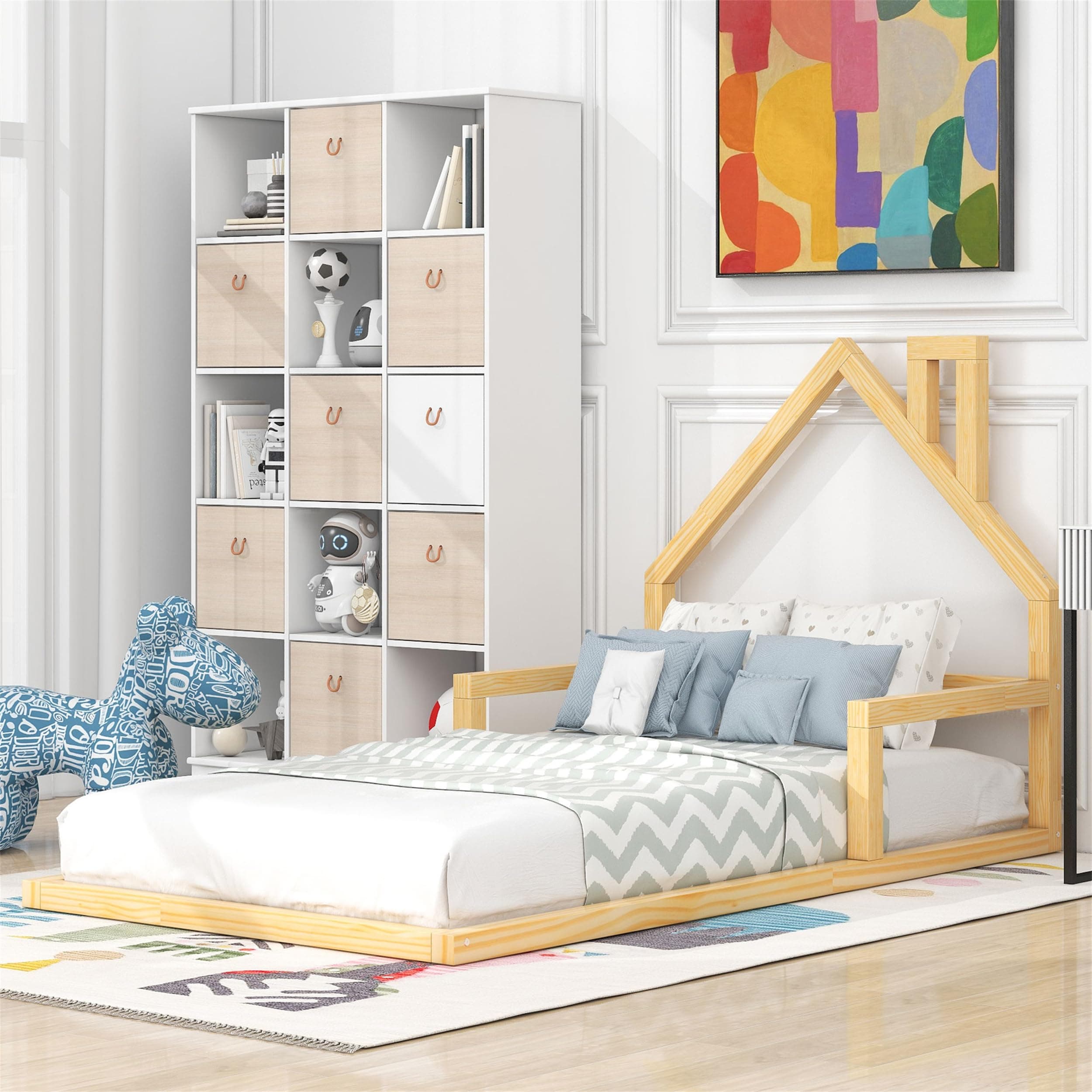 i-POOK Montessori House-Shaped Bed for Kids Teens, Natural Wood