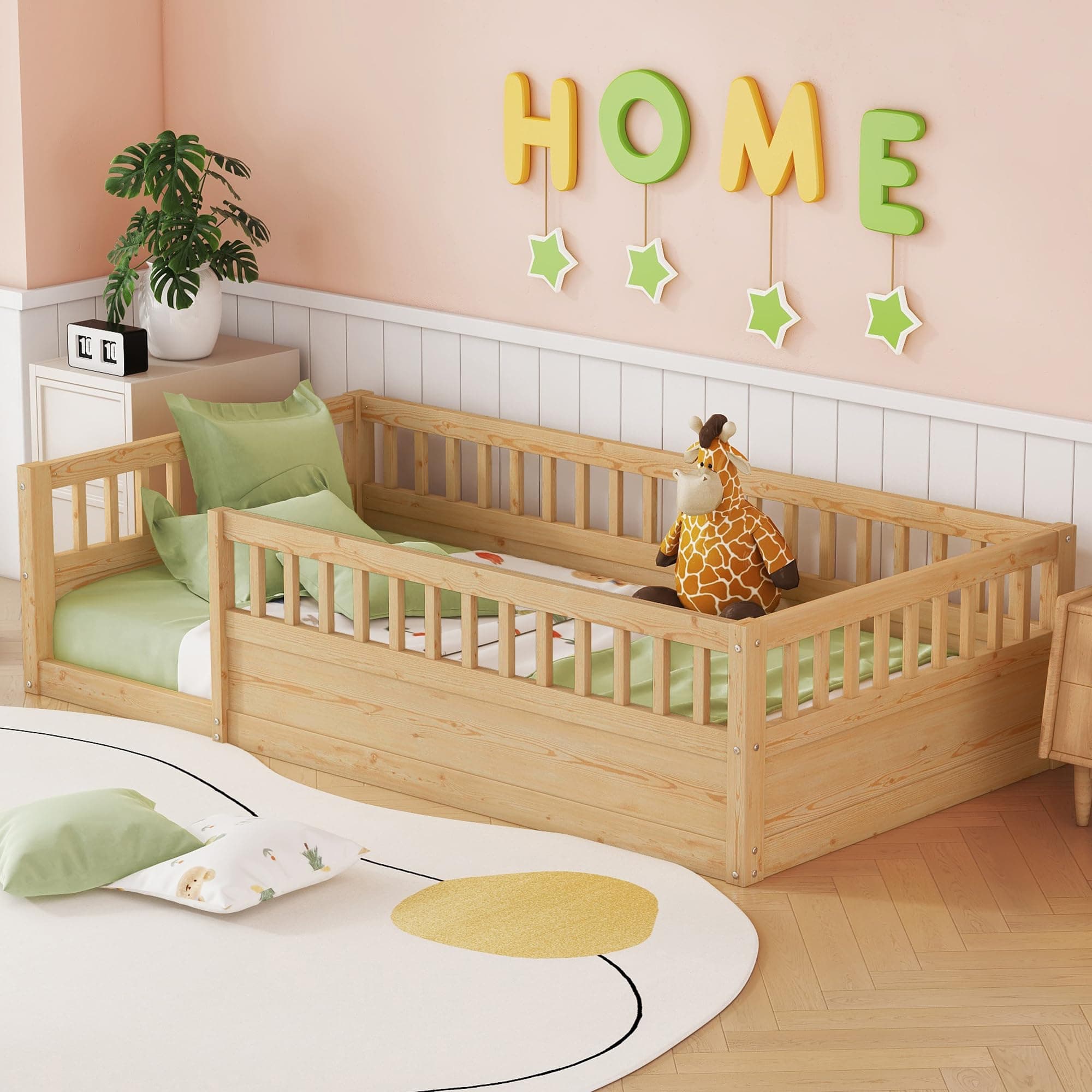 Montessori Twin Size Solid Wood Bedframe with Safety Fence for Kids, Natural Finish, Easy Assembly