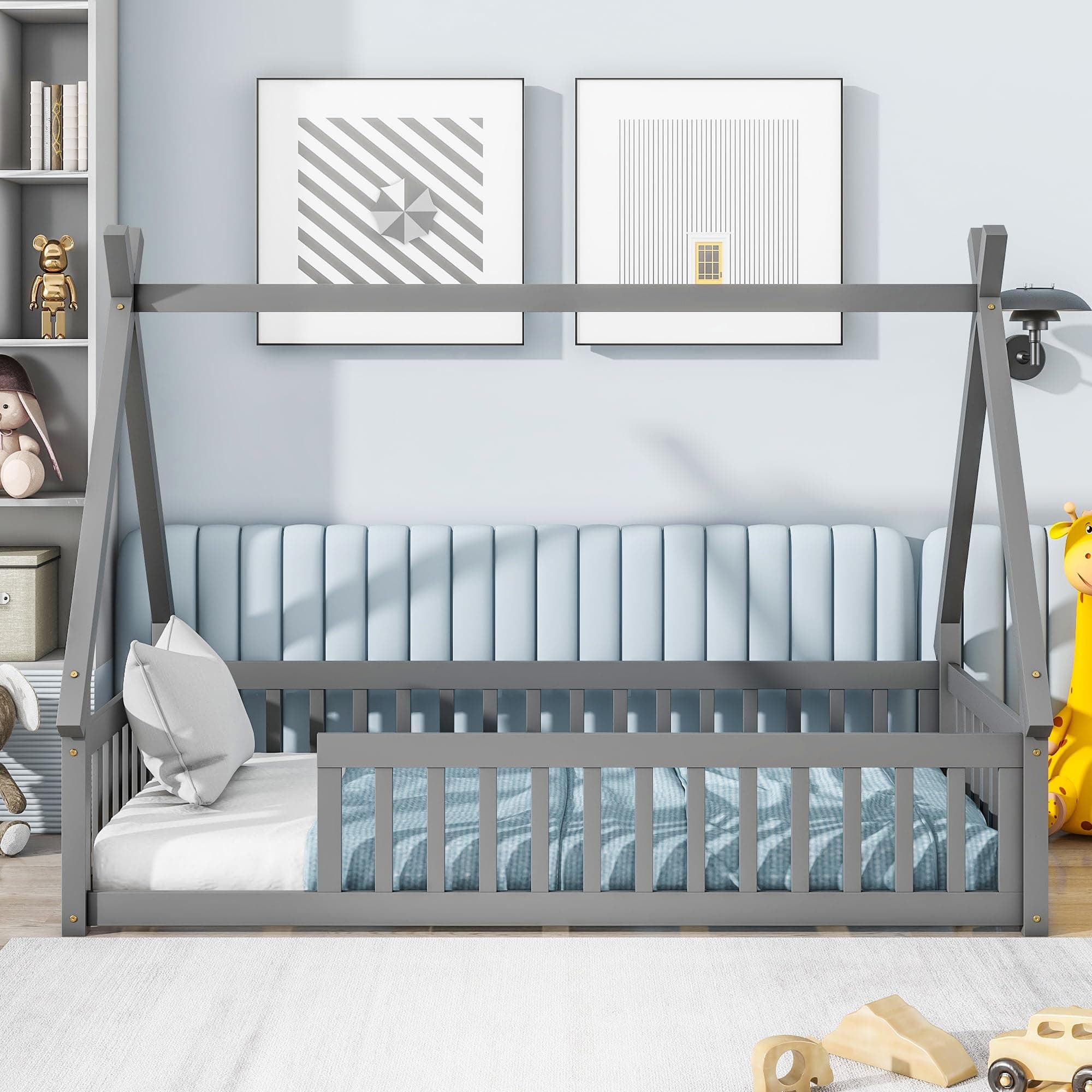 Montessori Floor Bed for Kids with Guardrails, Twin Size, Tent-Shaped Grey Frame