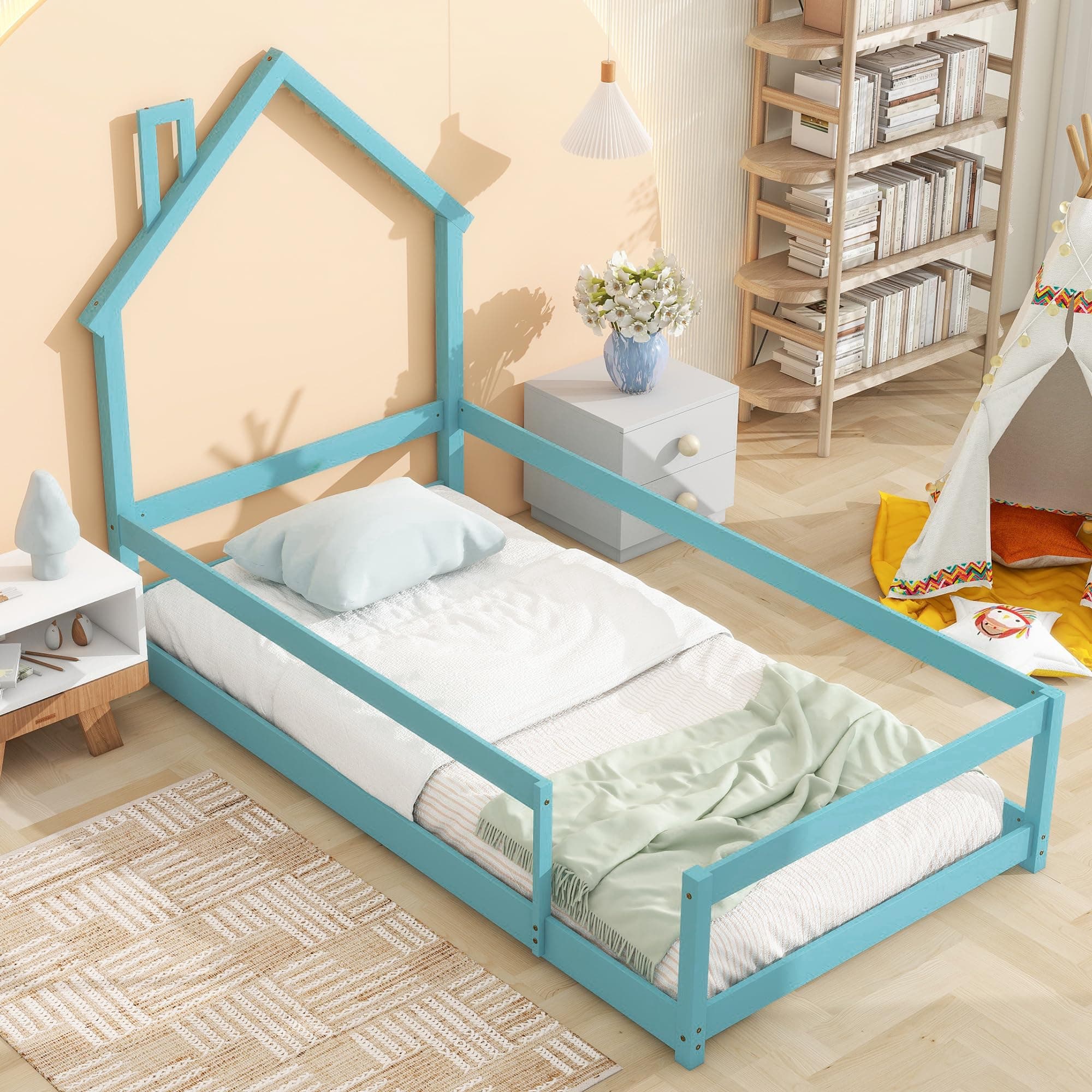 Pine Wood Twin Floor Bed with Safety Guardrail & House Headboard for Kids