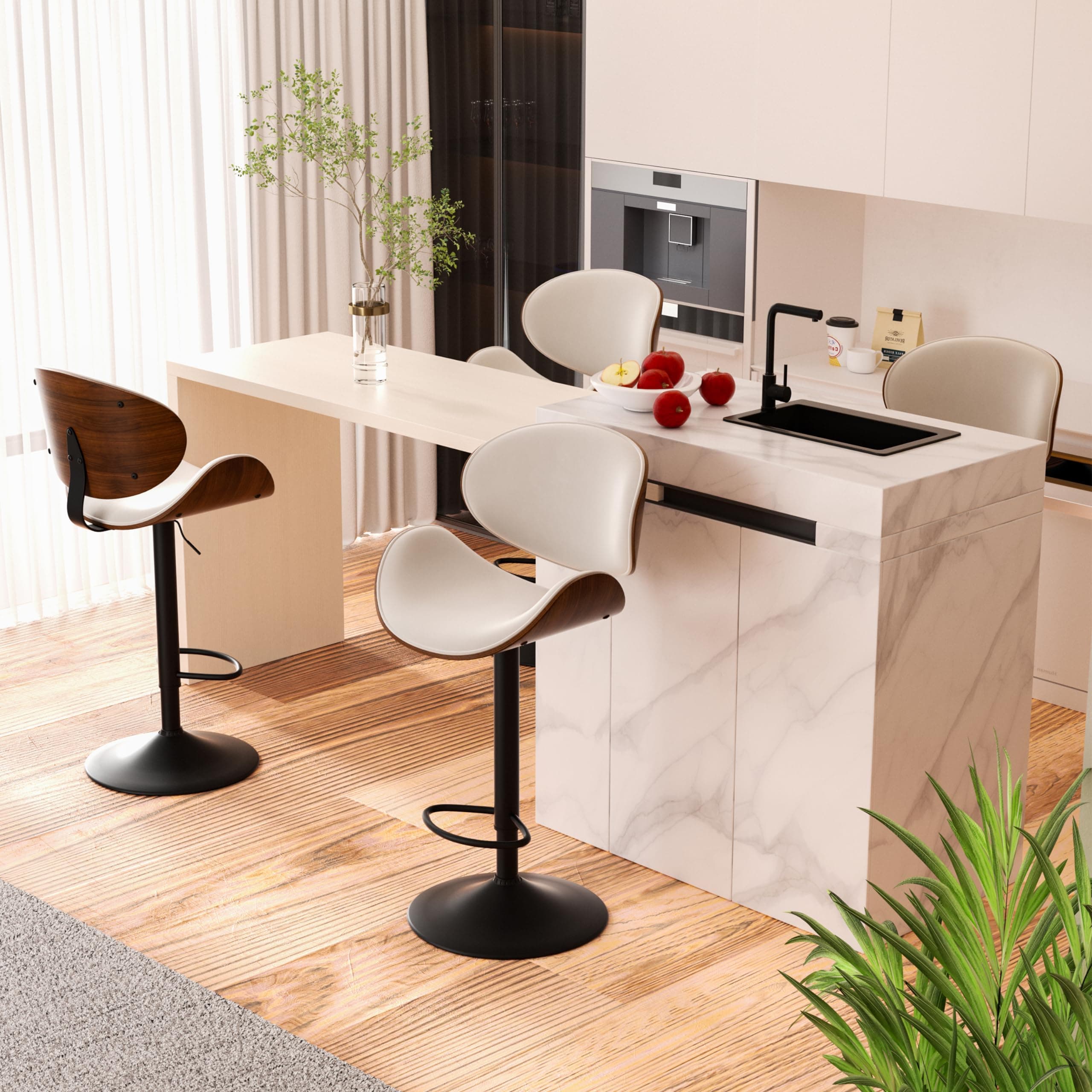 4-Piece Bentwood Bar Stool Set, Adjustable Height 23.5-32.5IN, White