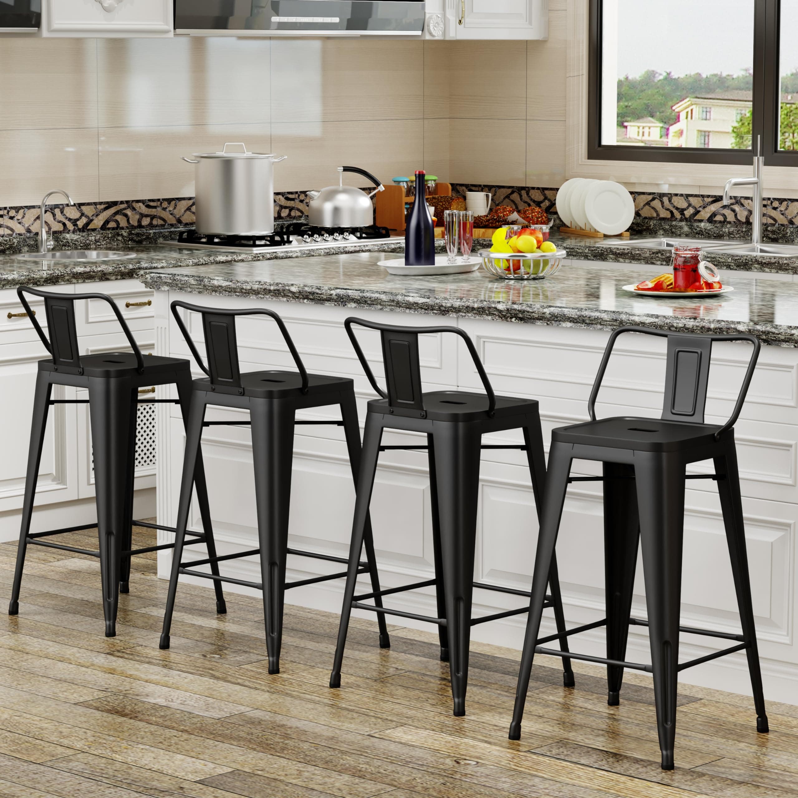 Industrial Matte Black Bar Stool Set of 4 Counter Height Kitchen Island Chairs