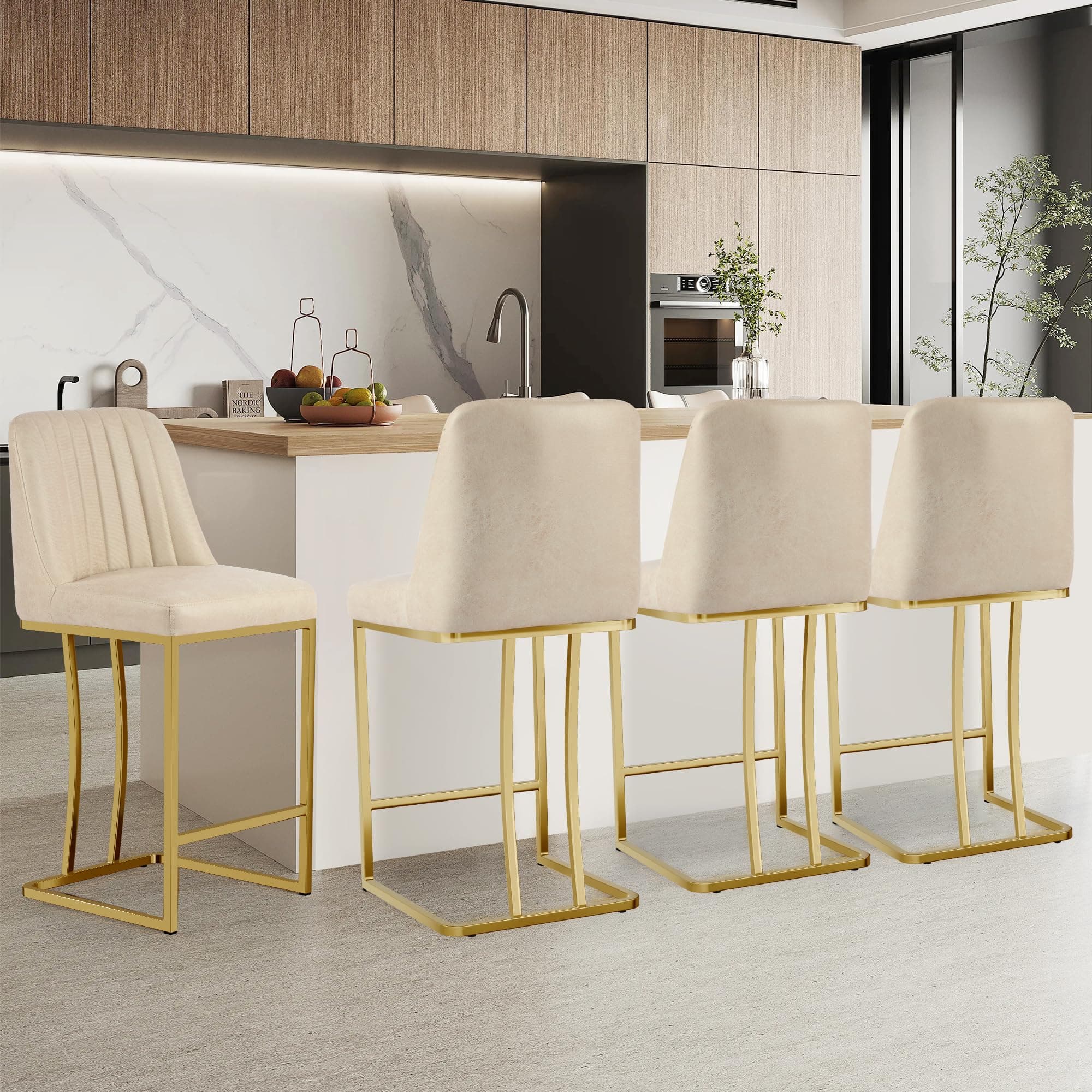 LSSBOUGHT Gold Metal Counter Height Bar Stools Set of 4, Beige Padded Leathaire Back