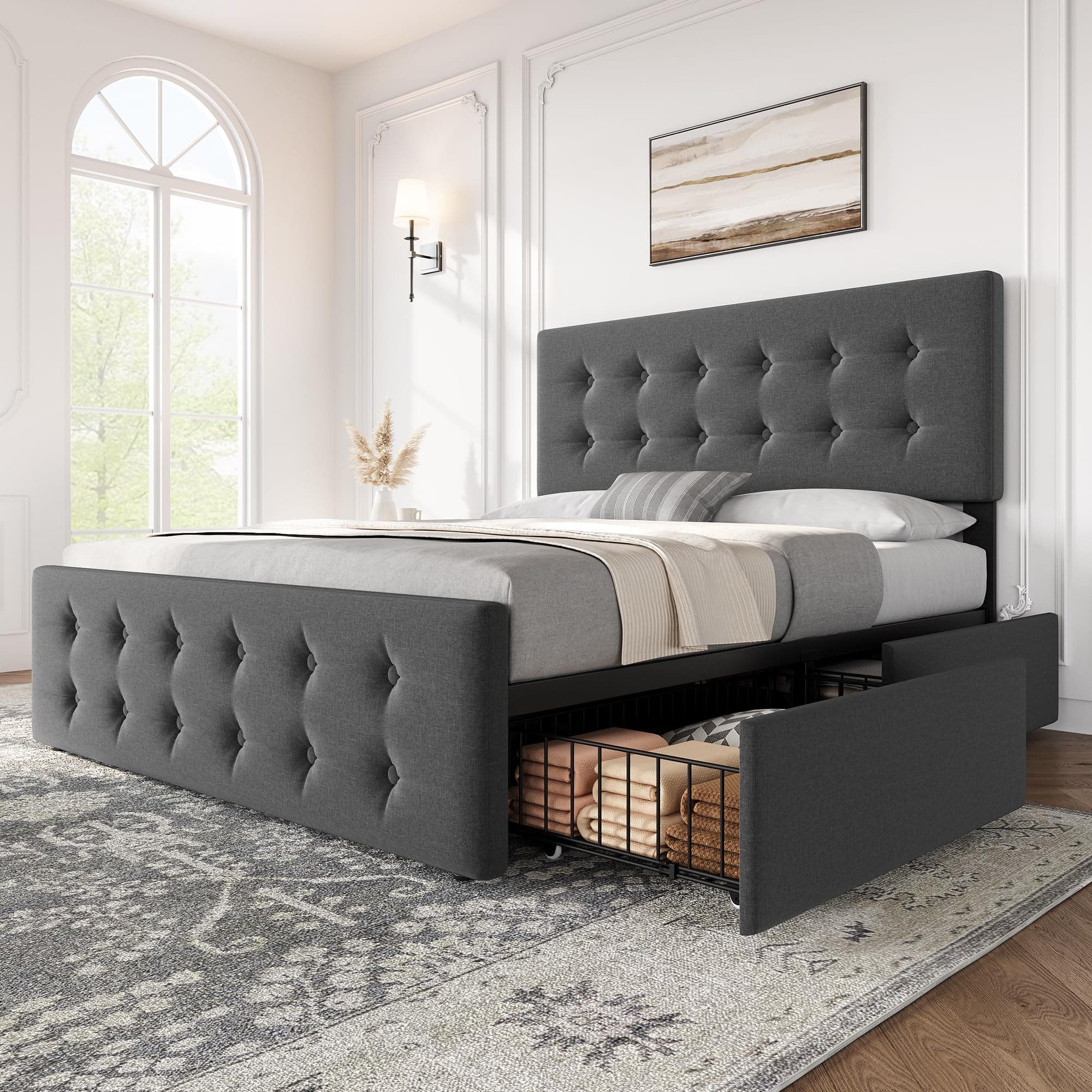 IDEALHOUSE Queen Size Linen Upholstered Bed Frame with 4 Drawers & Headboard, Dark Grey