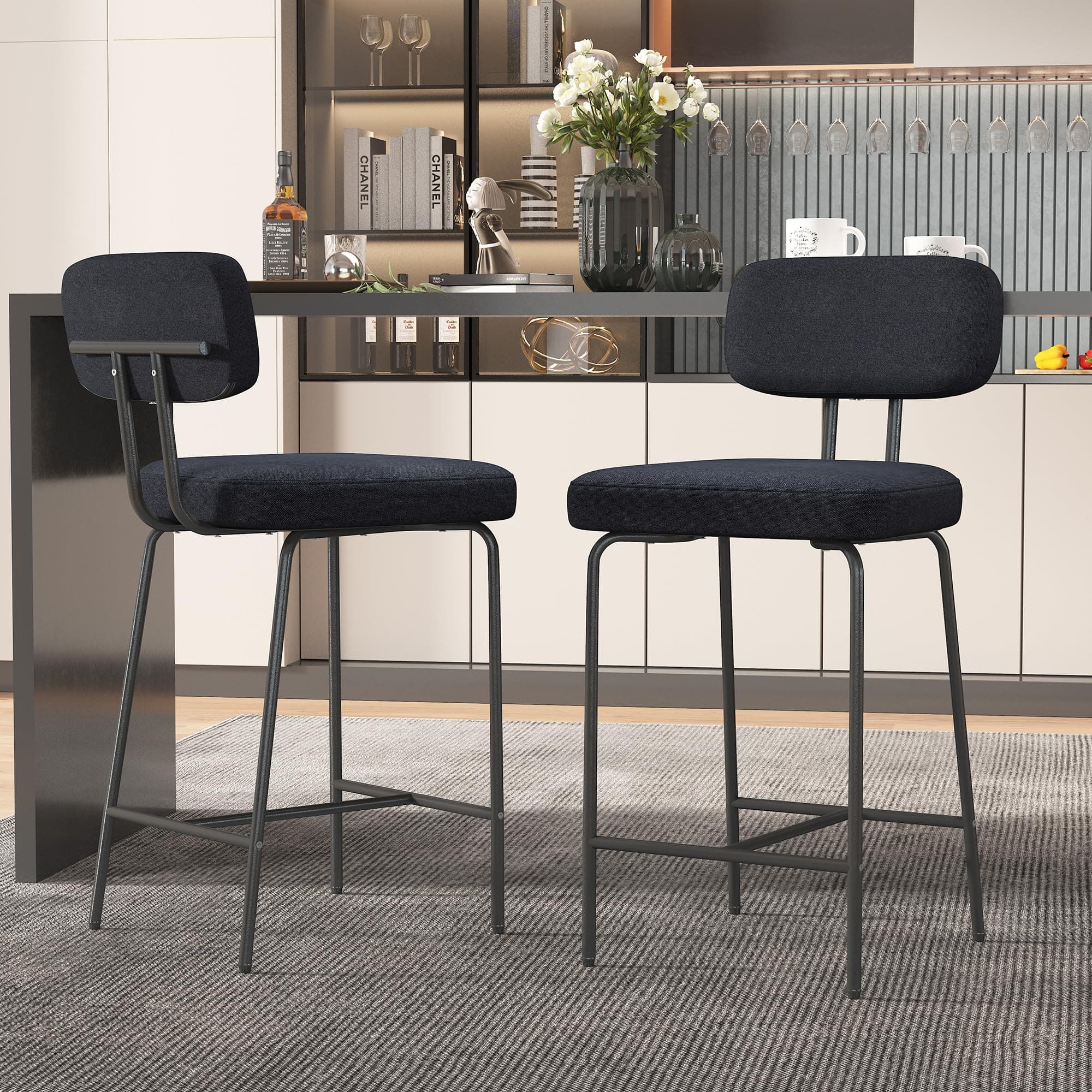 2-Piece Black Fabric Bar Stool Set, 26", Counter Height Kitchen Chairs