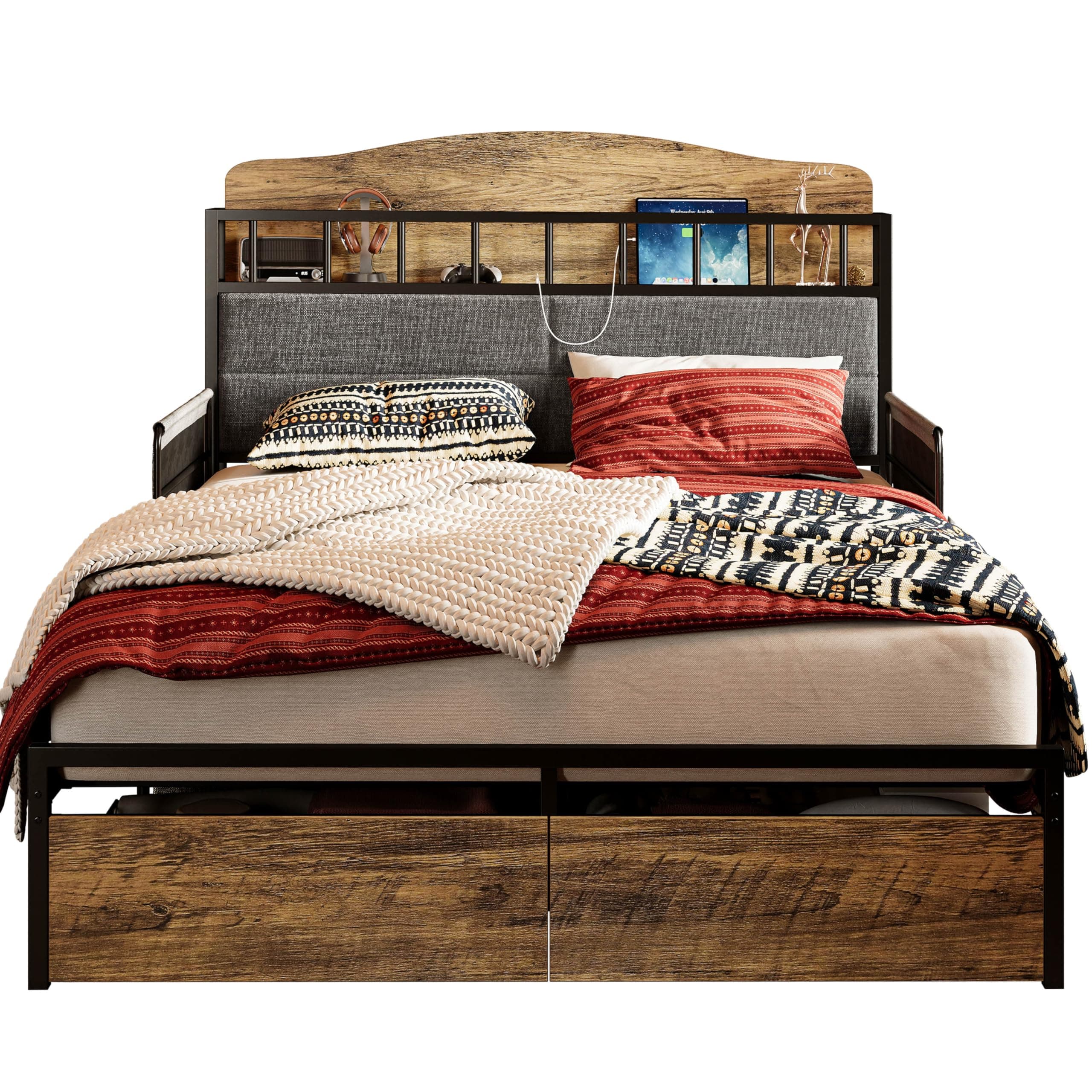 LIKIMIO Queen Bed Frame with Headboard, Guardrail & Charging Station - Durable, Noise-Free Metal Platform Bed in Black
