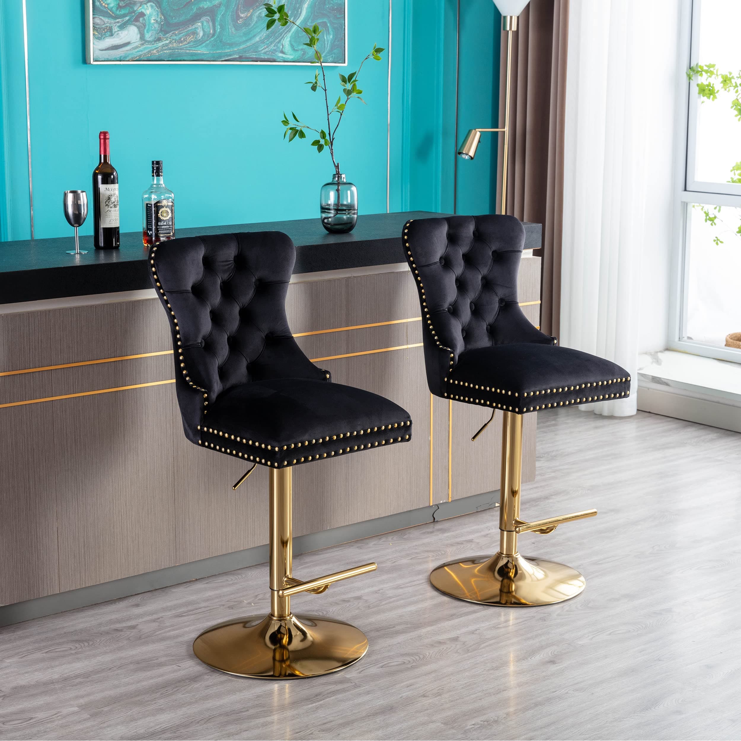 Modern Adjustable Velvet Swivel Bar Stools Set of 2