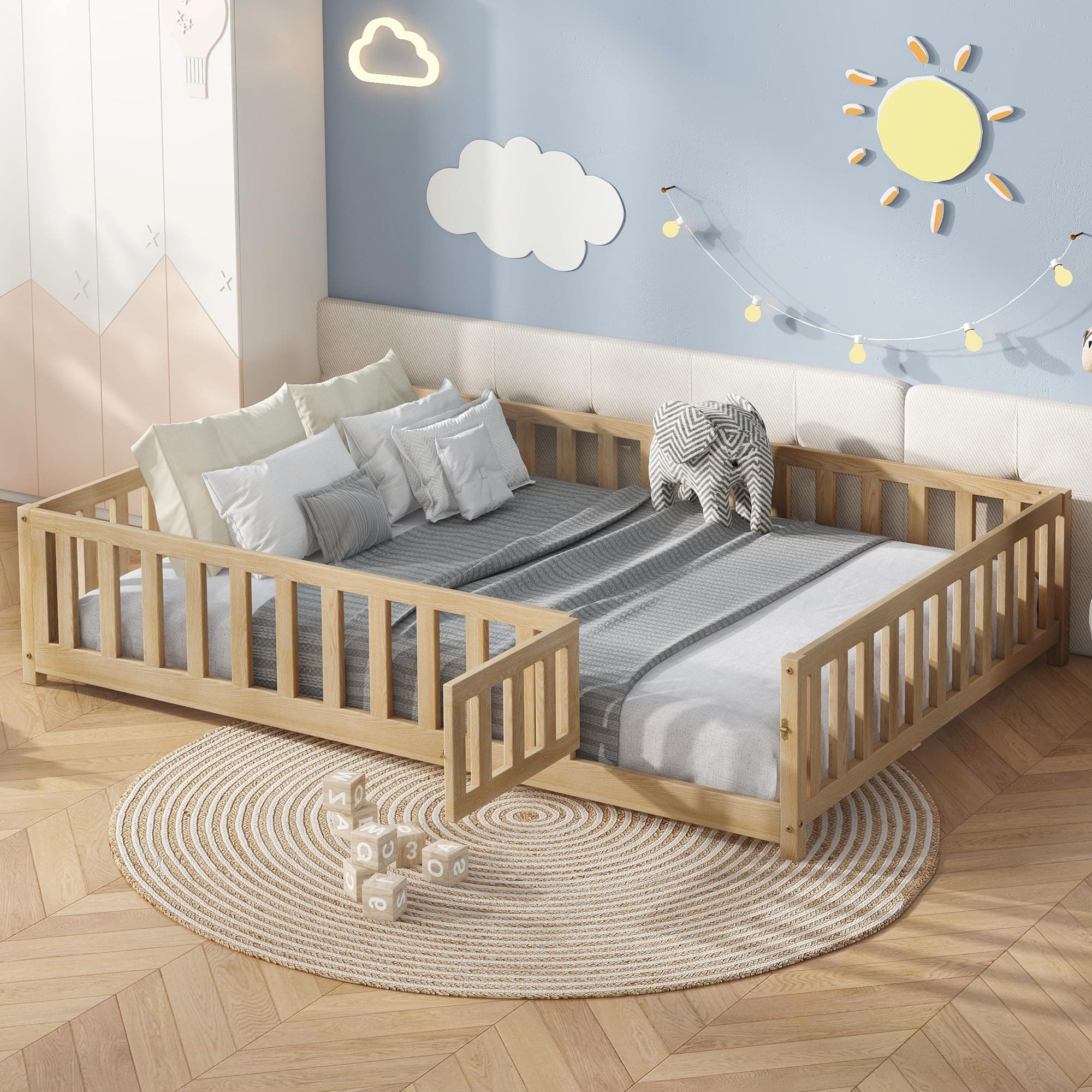 Bellemave Full Size Montessori Bed Frame with Door, Fence & Natural Wood
