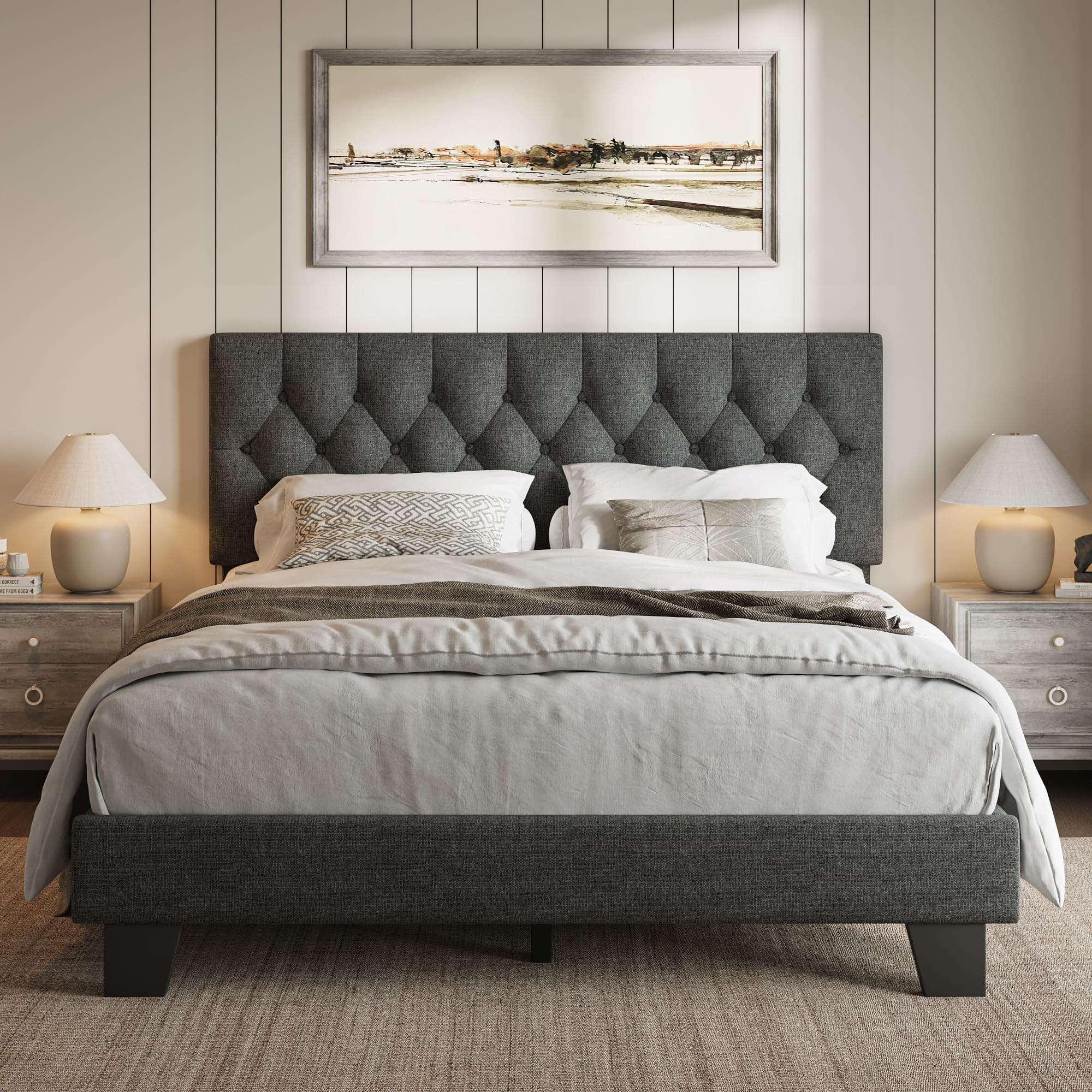 iPormis Dark Grey Button Tufted Queen Upholstered Bed Frame, Velvet Support Legs
