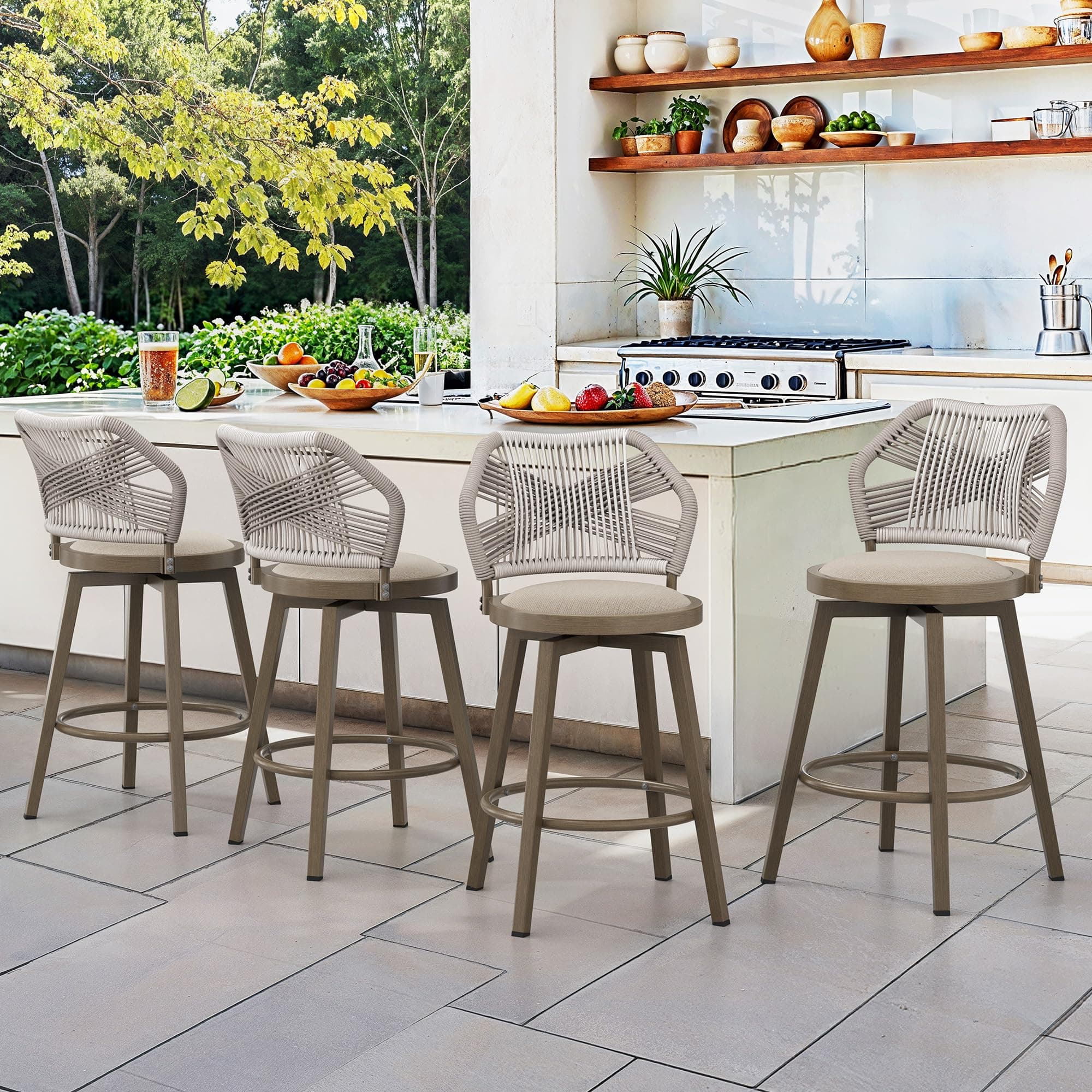Olefin Rattan 360° Swivel Bar Stools, Set of 4, Boho Patio Kitchen Chairs, Apricot
