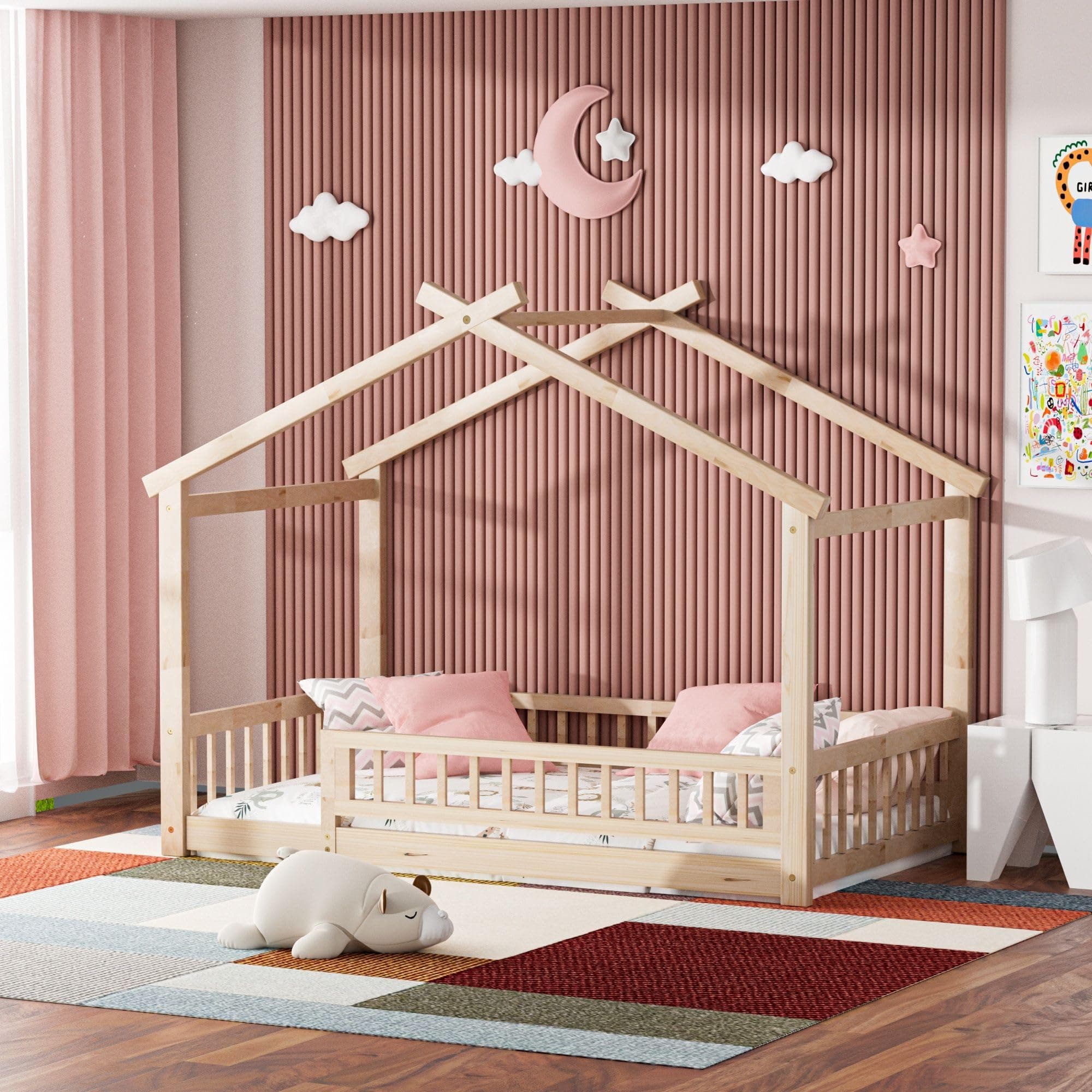 Twin Size Wooden Montessori Bed with Guardrails & Roof, No Box Spring Needed,Natural