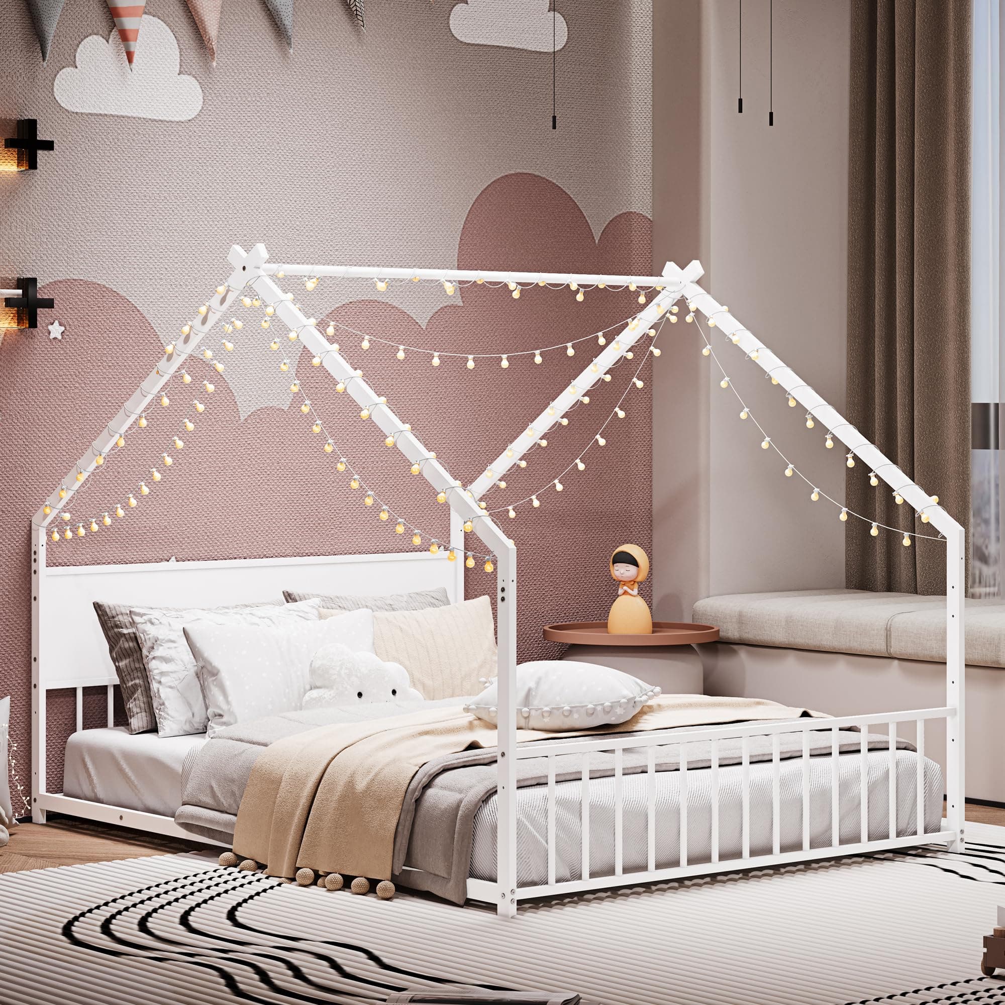 KEIKI Full Size Floor Bed with Colorful Lights (White)